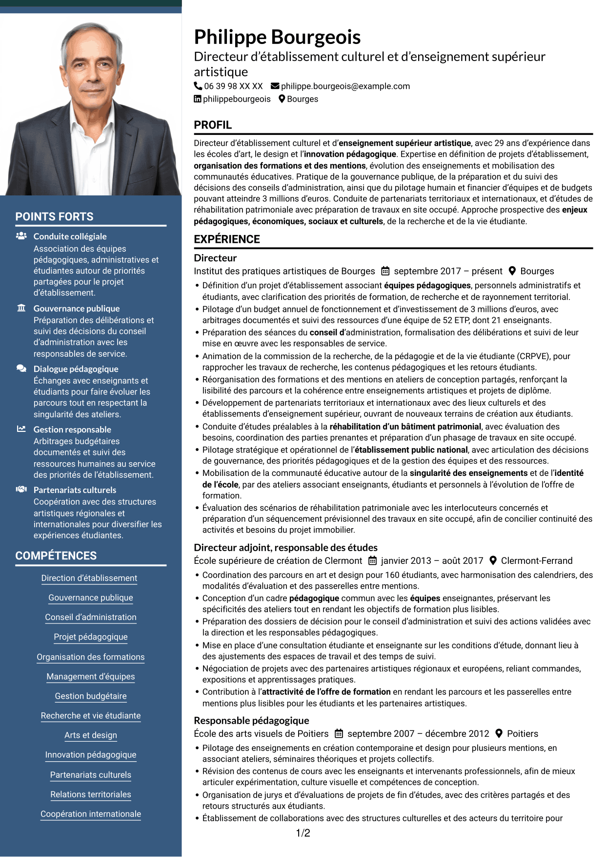 CV Signature (format à colonne latérale colorée avec grande photo) : Directeur d’établissement d’enseignement supérieur artistique, page 1
