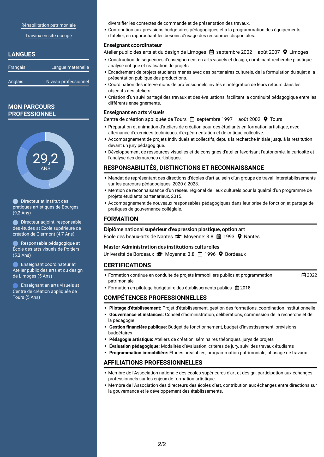 CV Signature (format à colonne latérale colorée avec grande photo) : Directeur d’établissement d’enseignement supérieur artistique, page 2