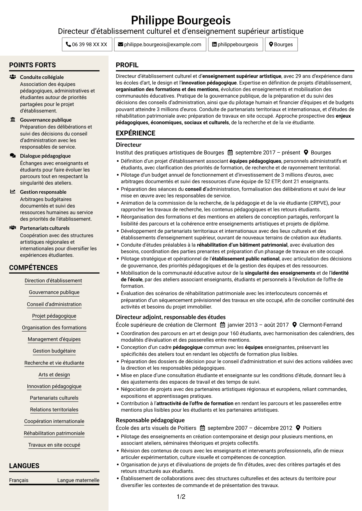 CV Fonceur (format à deux colonnes avec en-tête centré sans photo) : Directeur d’établissement d’enseignement supérieur artistique, page 1