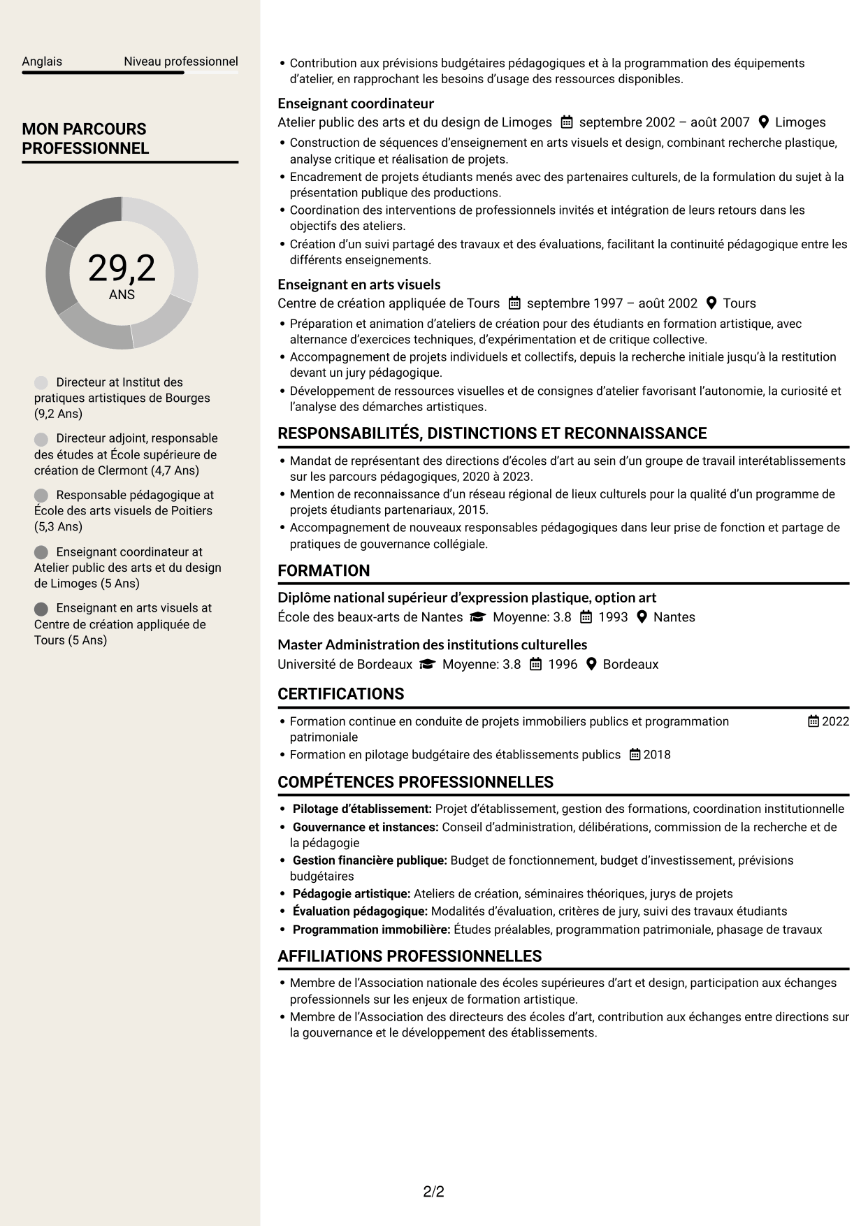 CV Fonceur (format à deux colonnes avec en-tête centré sans photo) : Directeur d’établissement d’enseignement supérieur artistique, page 2