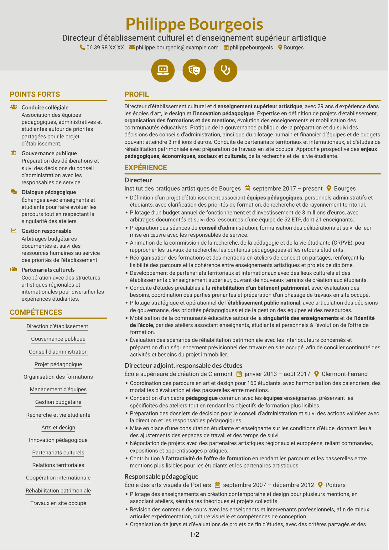 CV Dynamique (format à deux colonnes avec icônes) : Directeur d’établissement d’enseignement supérieur artistique, page 1