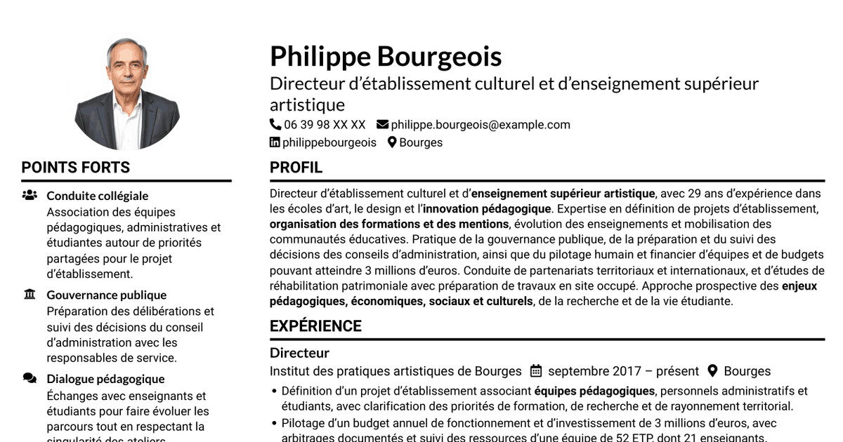 7 modèles de CV pour Directeur d’établissement d’enseignement supérieur artistique, avec exemples