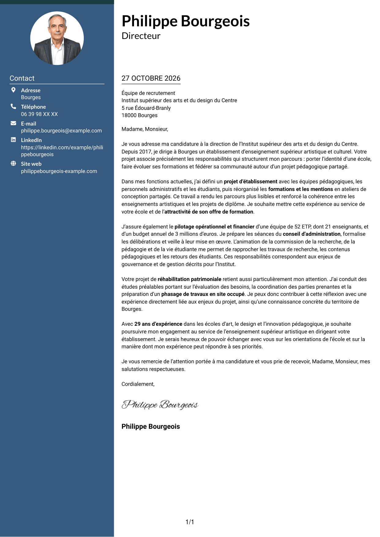 Lettre de motivation Élégant (format à colonne latérale colorée avec photo) : Directeur d’établissement d’enseignement supérieur artistique, page 1