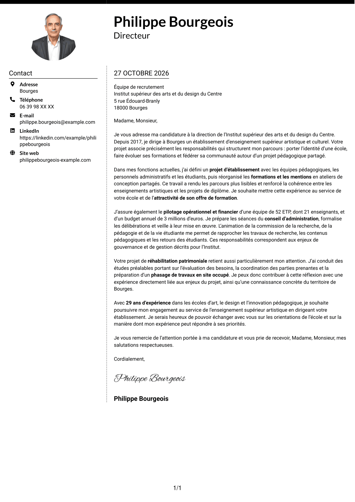 Lettre de motivation Moderne (format à deux colonnes avec photo à gauche et séparateur) : Directeur d’établissement d’enseignement supérieur artistique, page 1
