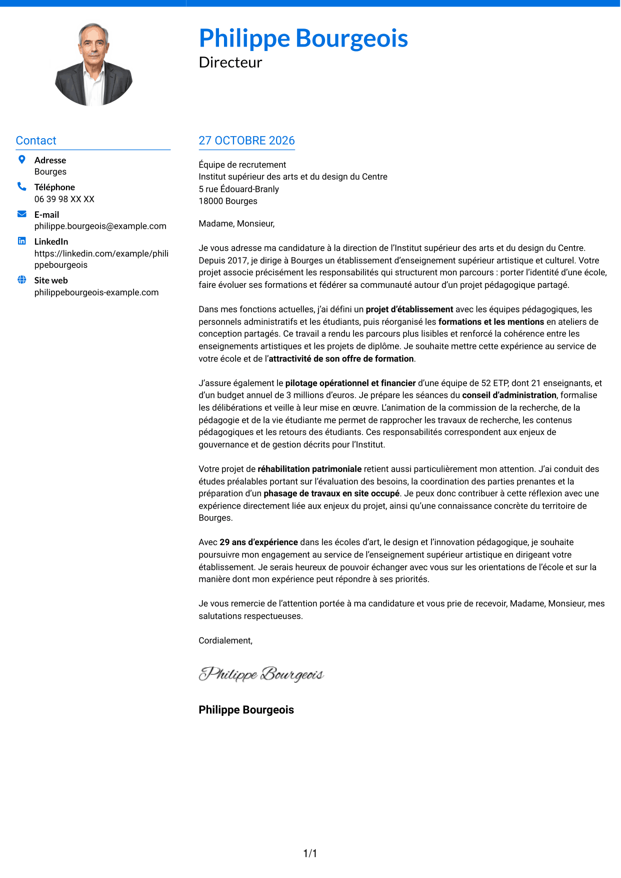 Lettre de motivation Audacieux (format à deux colonnes avec accents colorés et photo) : Directeur d’établissement d’enseignement supérieur artistique, page 1