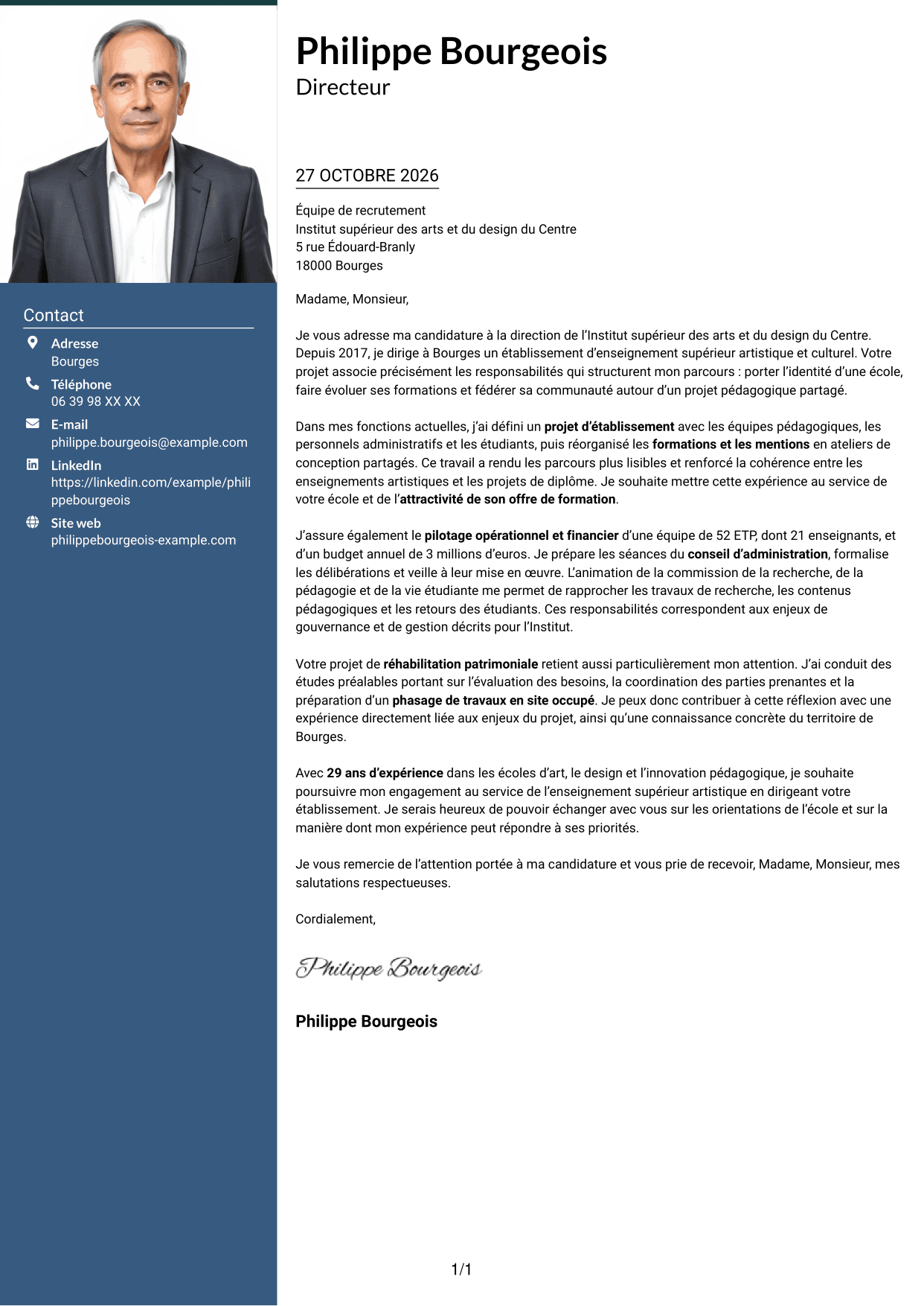 Lettre de motivation Signature (format à colonne latérale colorée avec grande photo) : Directeur d’établissement d’enseignement supérieur artistique, page 1