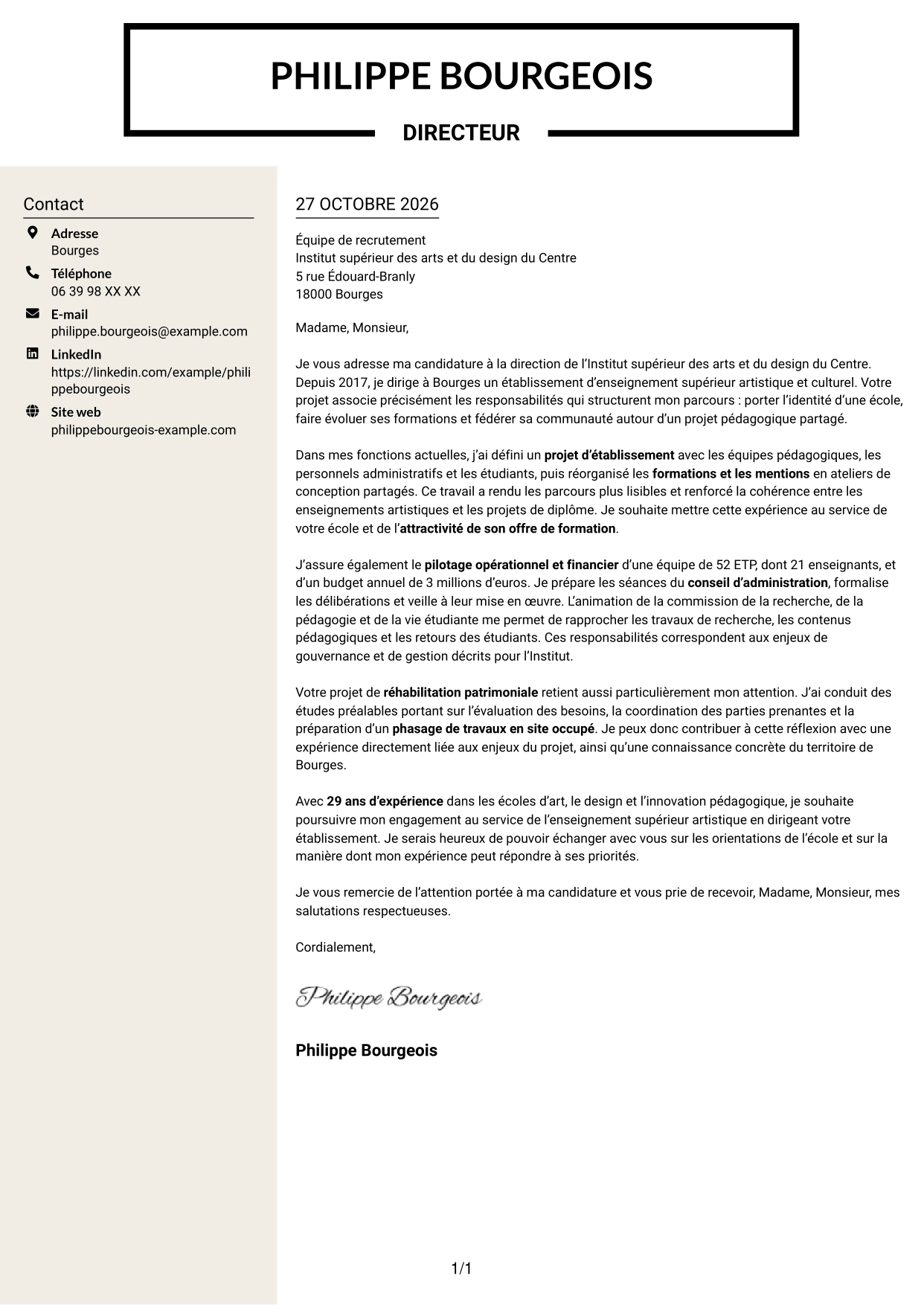 Lettre de motivation Fonceur (format à deux colonnes avec en-tête centré sans photo) : Directeur d’établissement d’enseignement supérieur artistique, page 1
