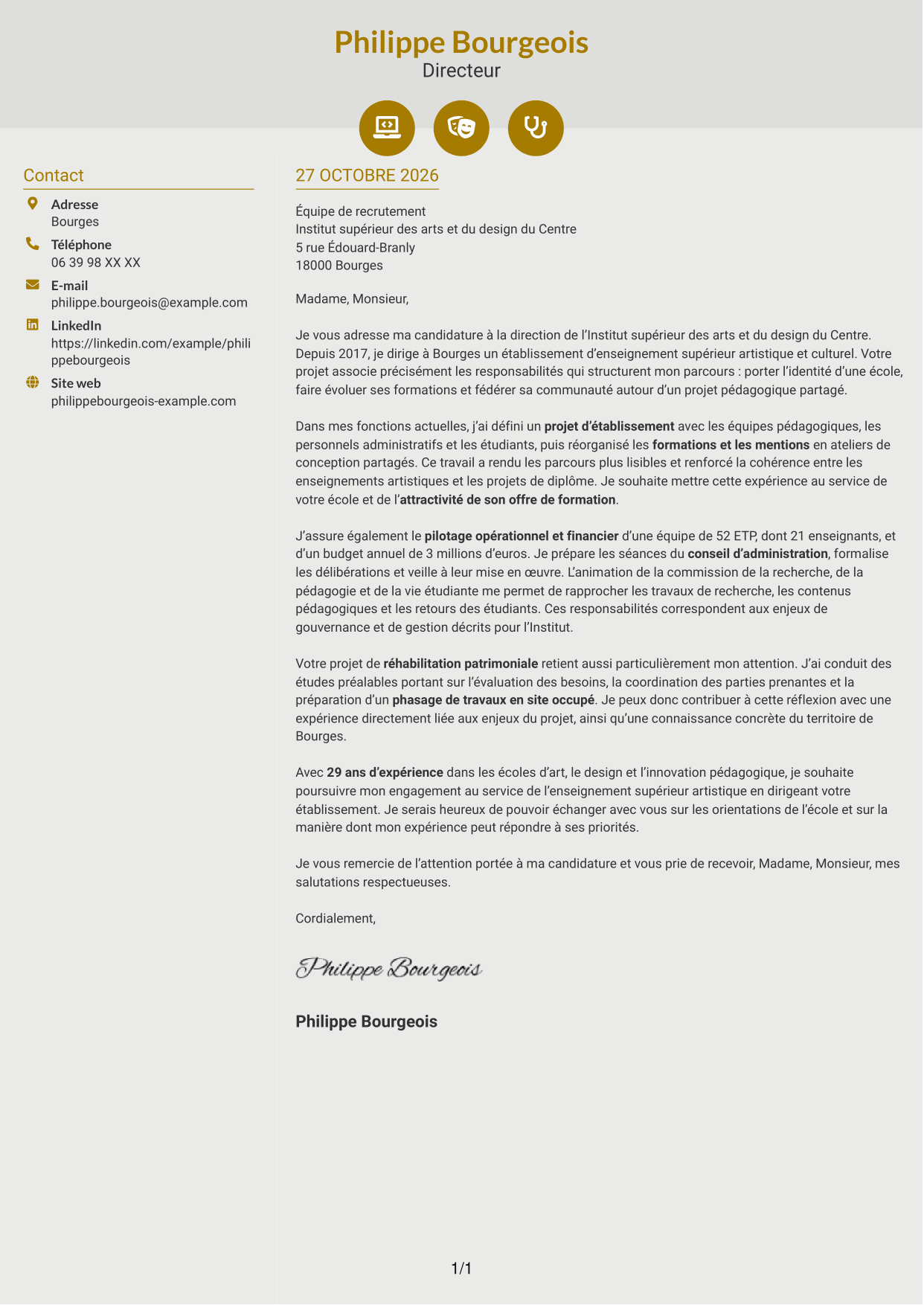 Lettre de motivation Dynamique (format à deux colonnes avec icônes) : Directeur d’établissement d’enseignement supérieur artistique, page 1