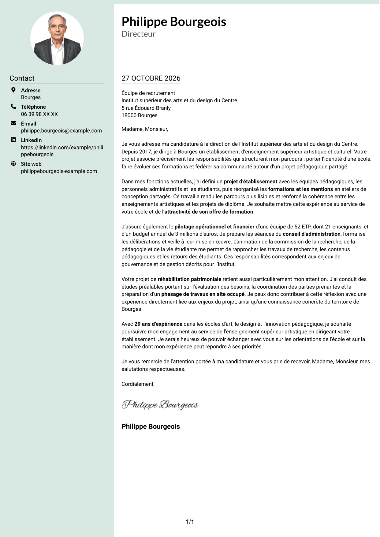 Lettre de motivation Cadre (format à colonne latérale douce avec photo arrondie) : Directeur d’établissement d’enseignement supérieur artistique, page 1
