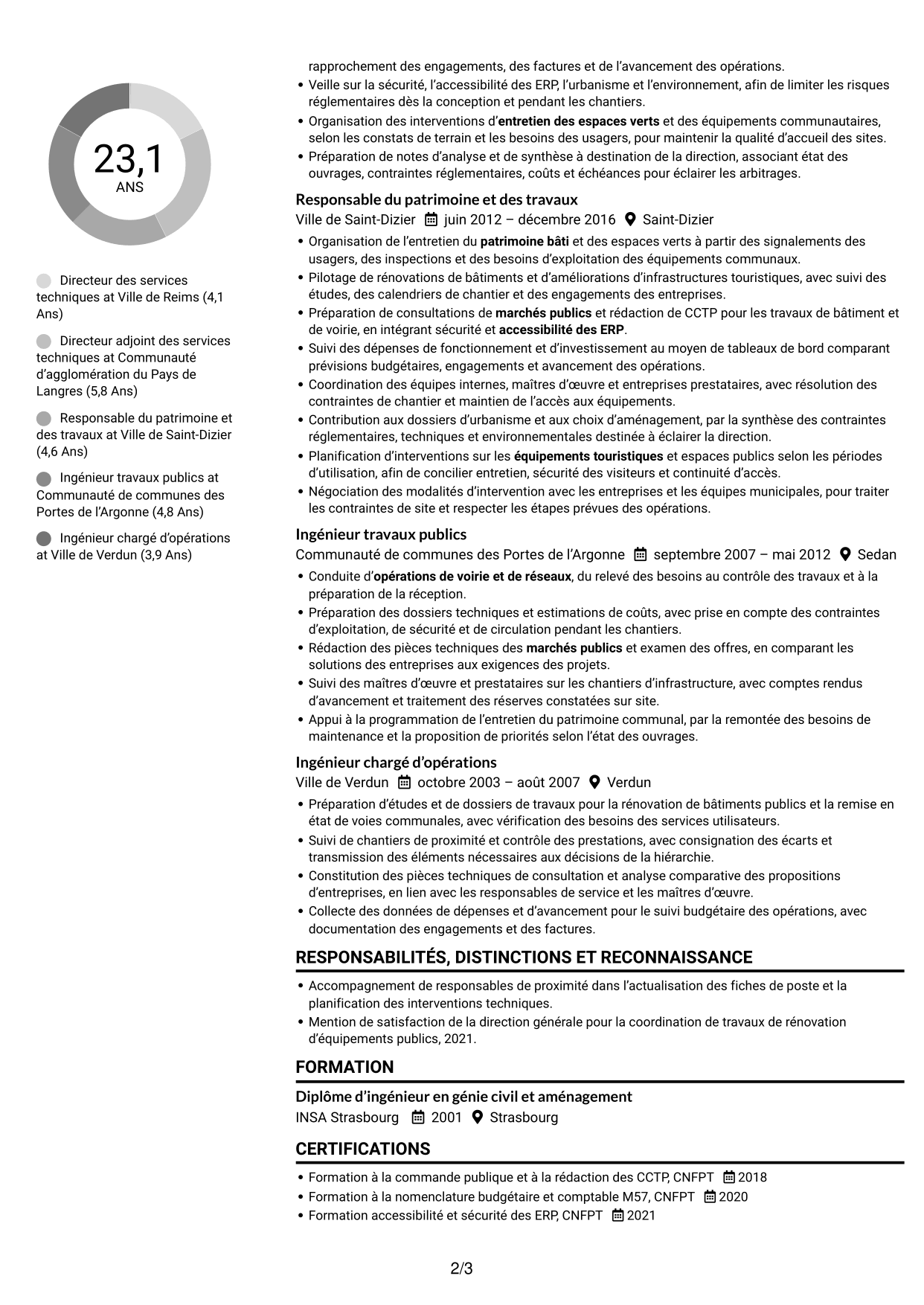 CV Compact (format sobre à deux colonnes avec photo) : Directeur des services techniques - Patrimoine et aménagement public, page 2