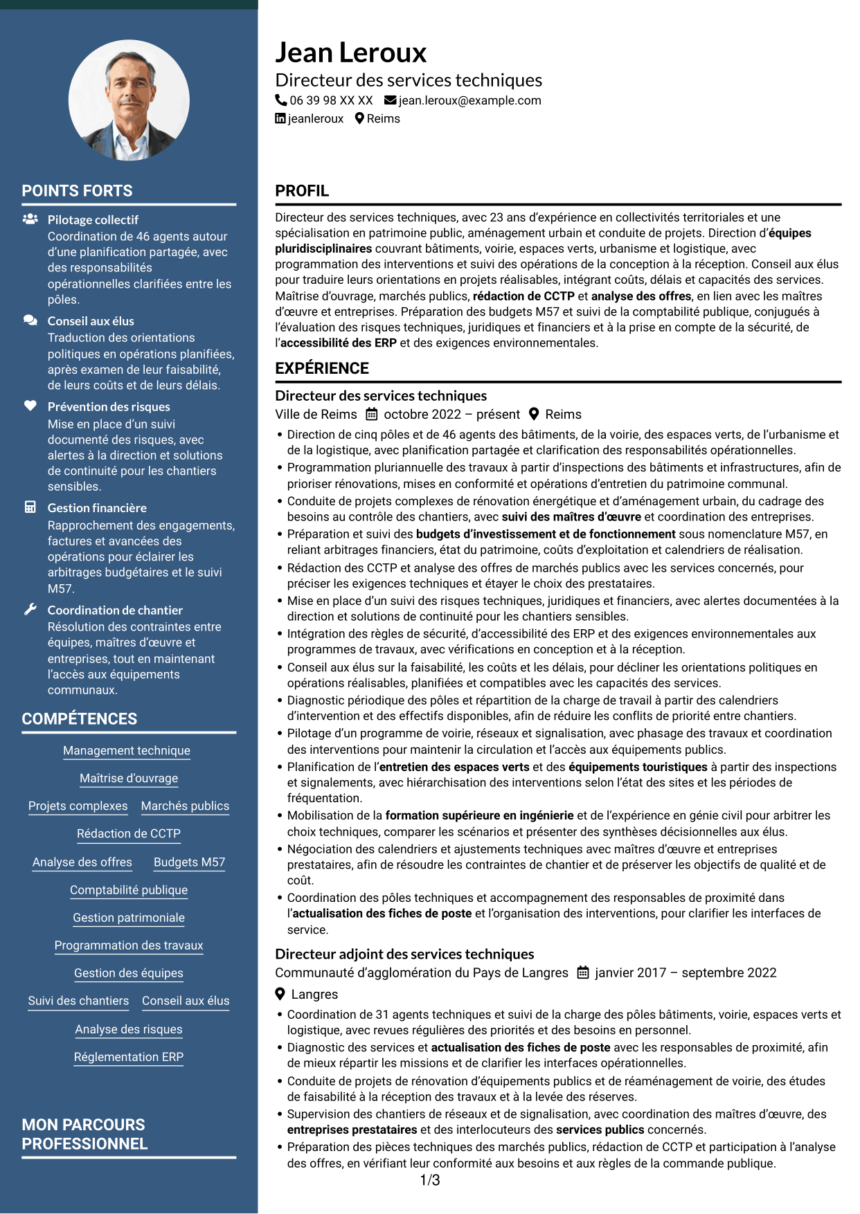 CV Élégant (format à colonne latérale colorée avec photo) : Directeur des services techniques - Patrimoine et aménagement public, page 1