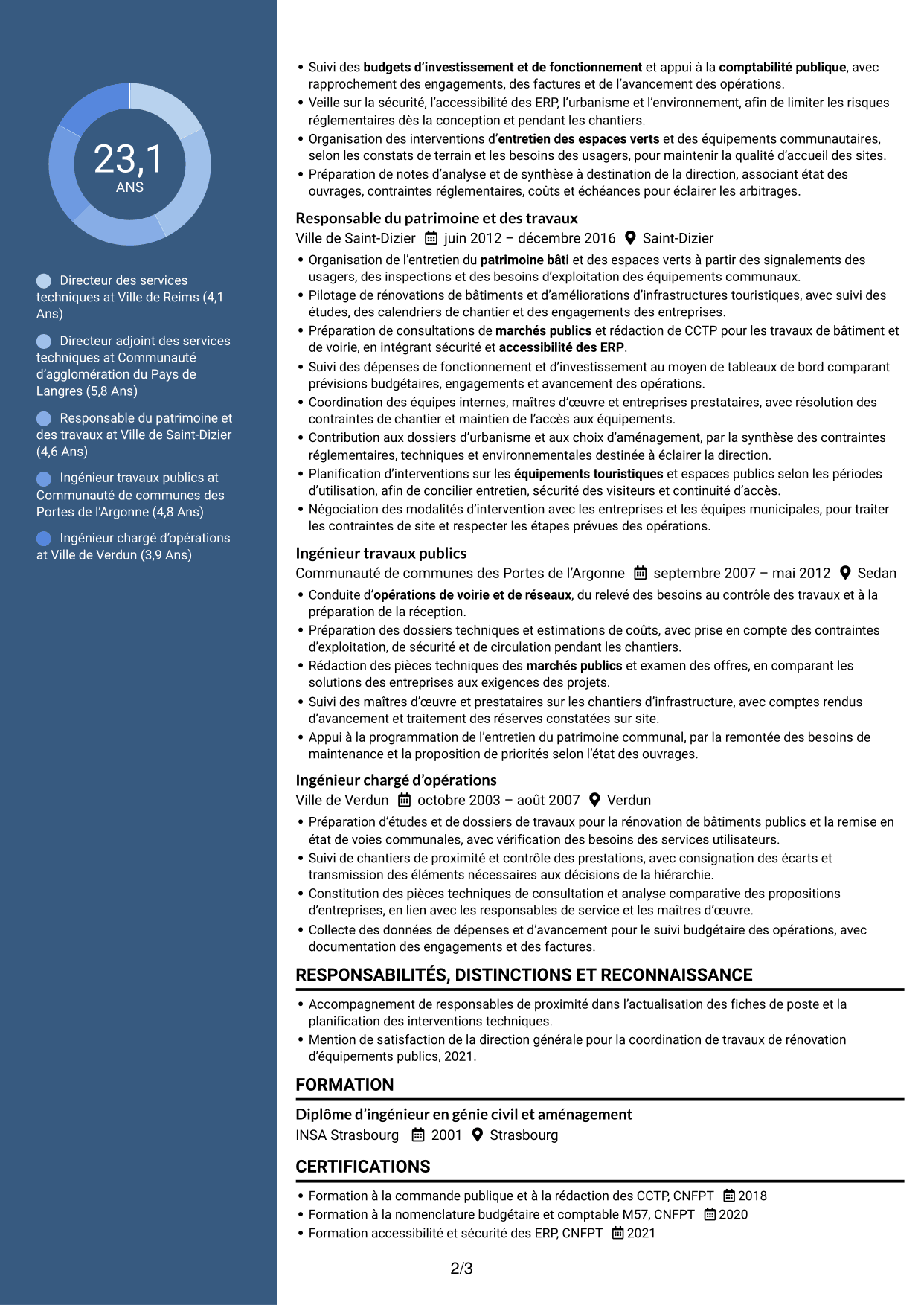 CV Élégant (format à colonne latérale colorée avec photo) : Directeur des services techniques - Patrimoine et aménagement public, page 2