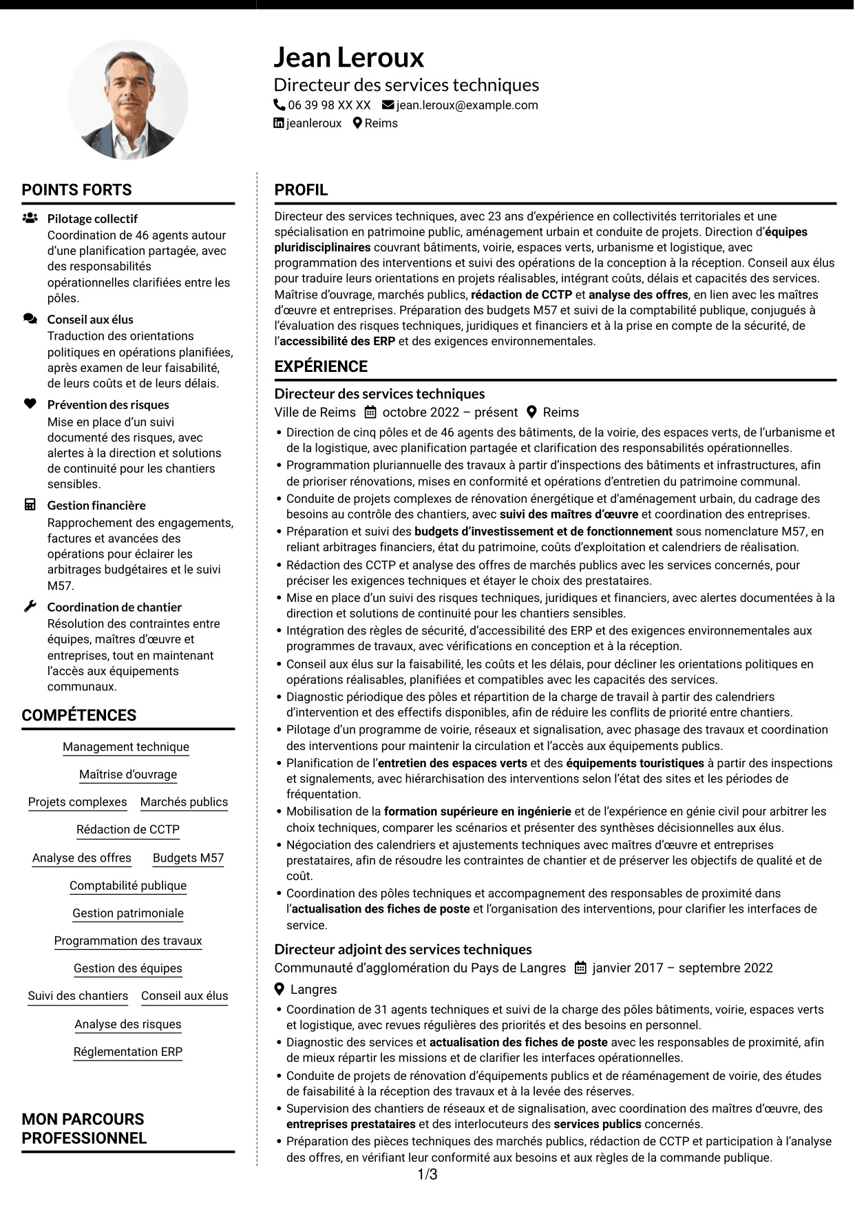 CV Moderne (format à deux colonnes avec photo à gauche et séparateur) : Directeur des services techniques - Patrimoine et aménagement public, page 1