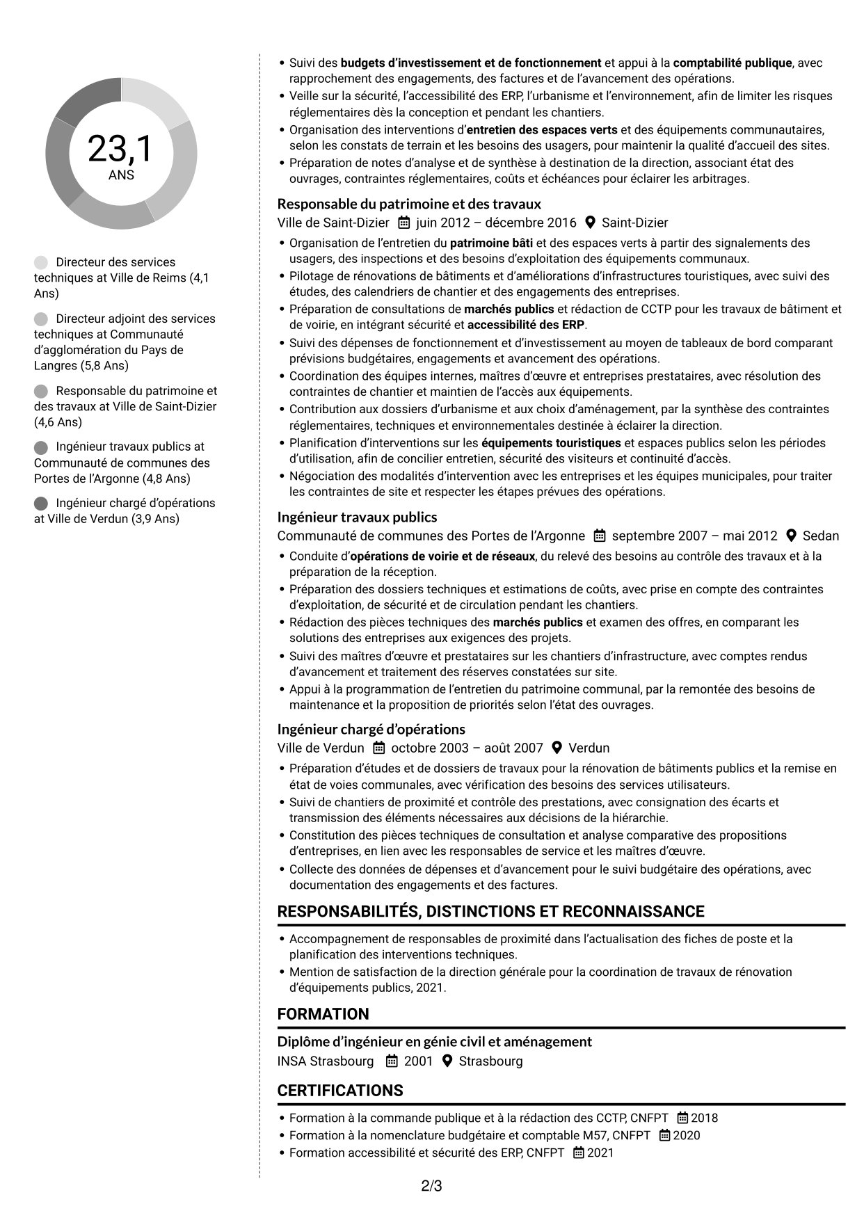 CV Moderne (format à deux colonnes avec photo à gauche et séparateur) : Directeur des services techniques - Patrimoine et aménagement public, page 2