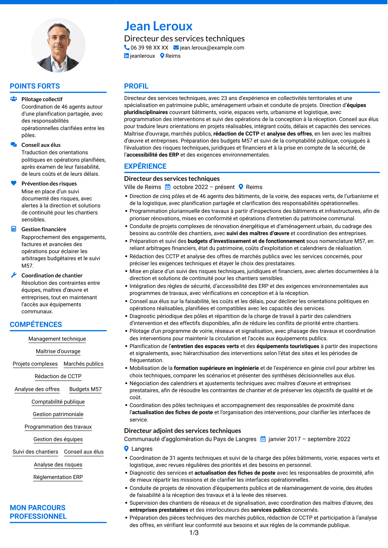 CV Audacieux (format à deux colonnes avec accents colorés et photo) : Directeur des services techniques - Patrimoine et aménagement public, page 1