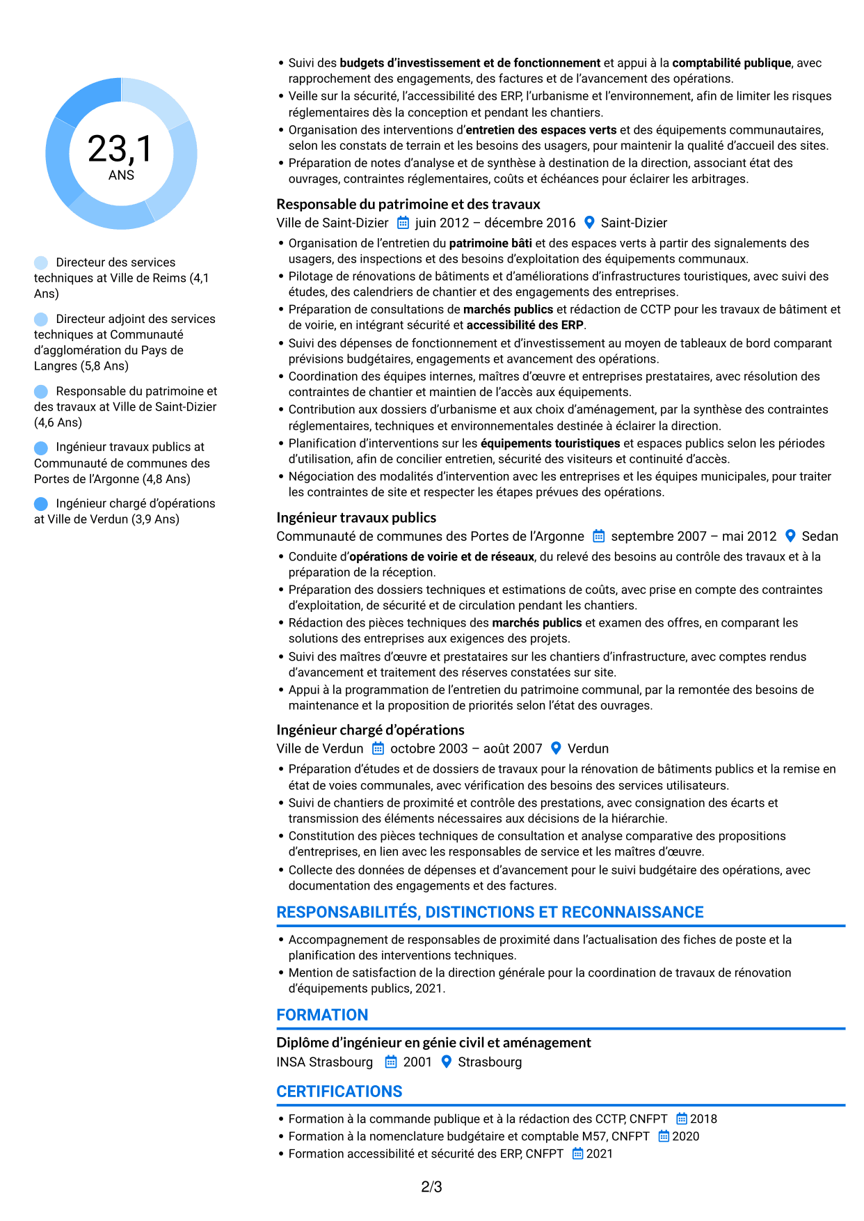 CV Audacieux (format à deux colonnes avec accents colorés et photo) : Directeur des services techniques - Patrimoine et aménagement public, page 2