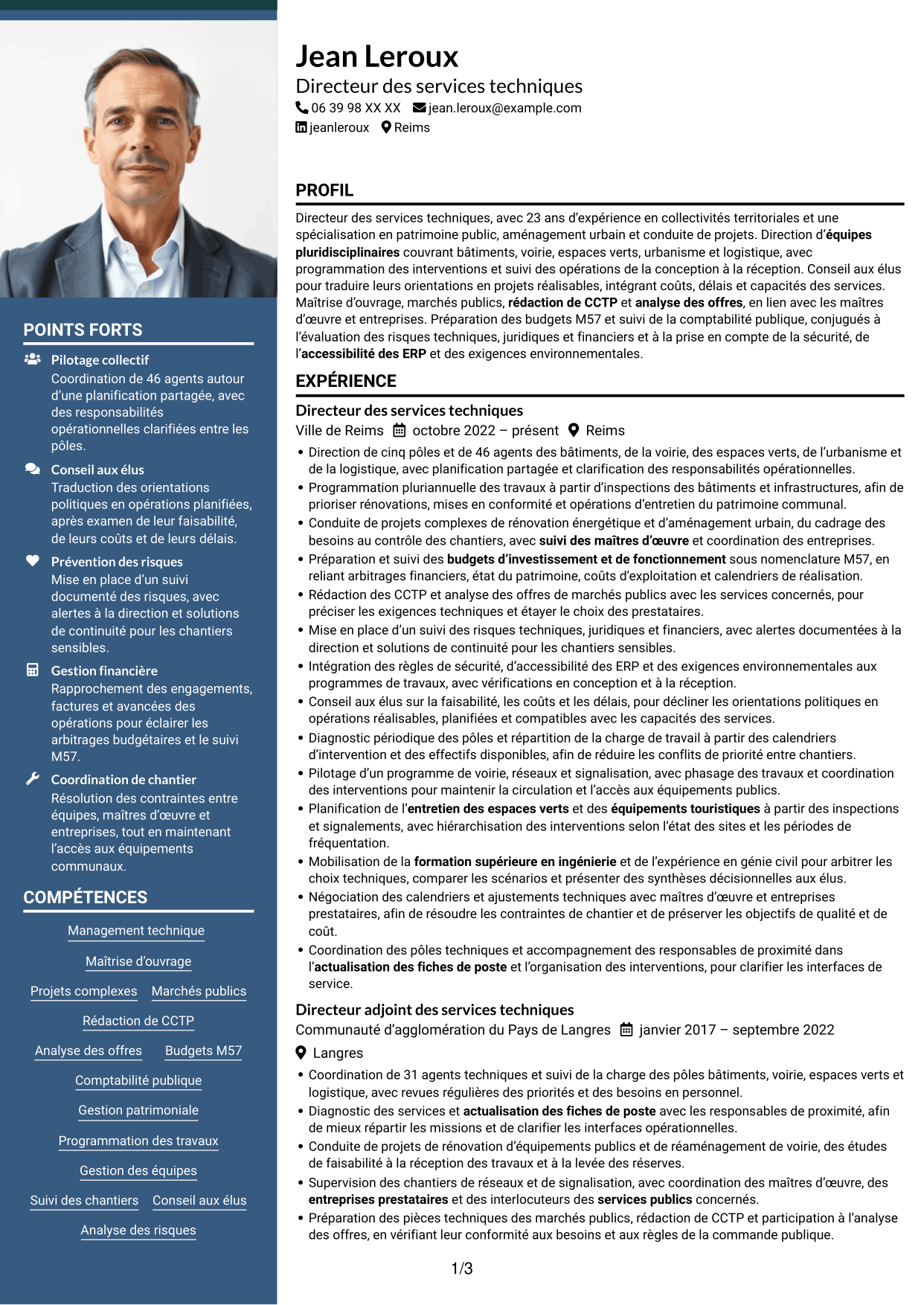 CV Signature (format à colonne latérale colorée avec grande photo) : Directeur des services techniques - Patrimoine et aménagement public, page 1