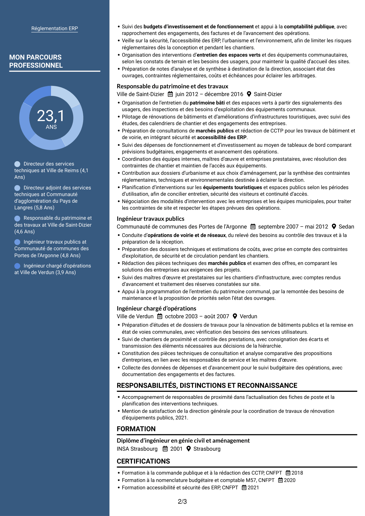 CV Signature (format à colonne latérale colorée avec grande photo) : Directeur des services techniques - Patrimoine et aménagement public, page 2