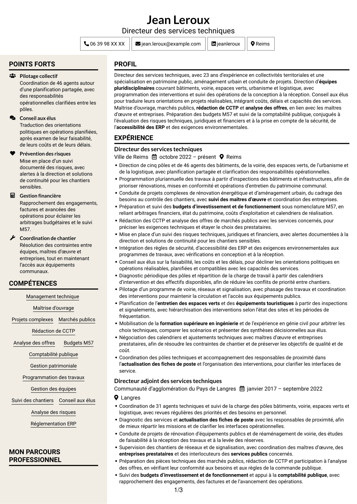 CV Fonceur (format à deux colonnes avec en-tête centré sans photo) : Directeur des services techniques - Patrimoine et aménagement public, page 1
