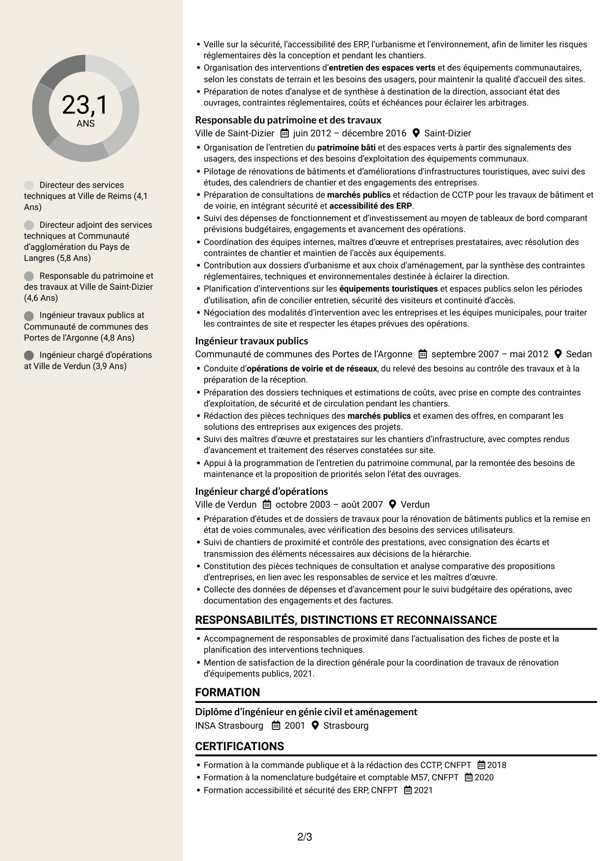 CV Fonceur (format à deux colonnes avec en-tête centré sans photo) : Directeur des services techniques - Patrimoine et aménagement public, page 2