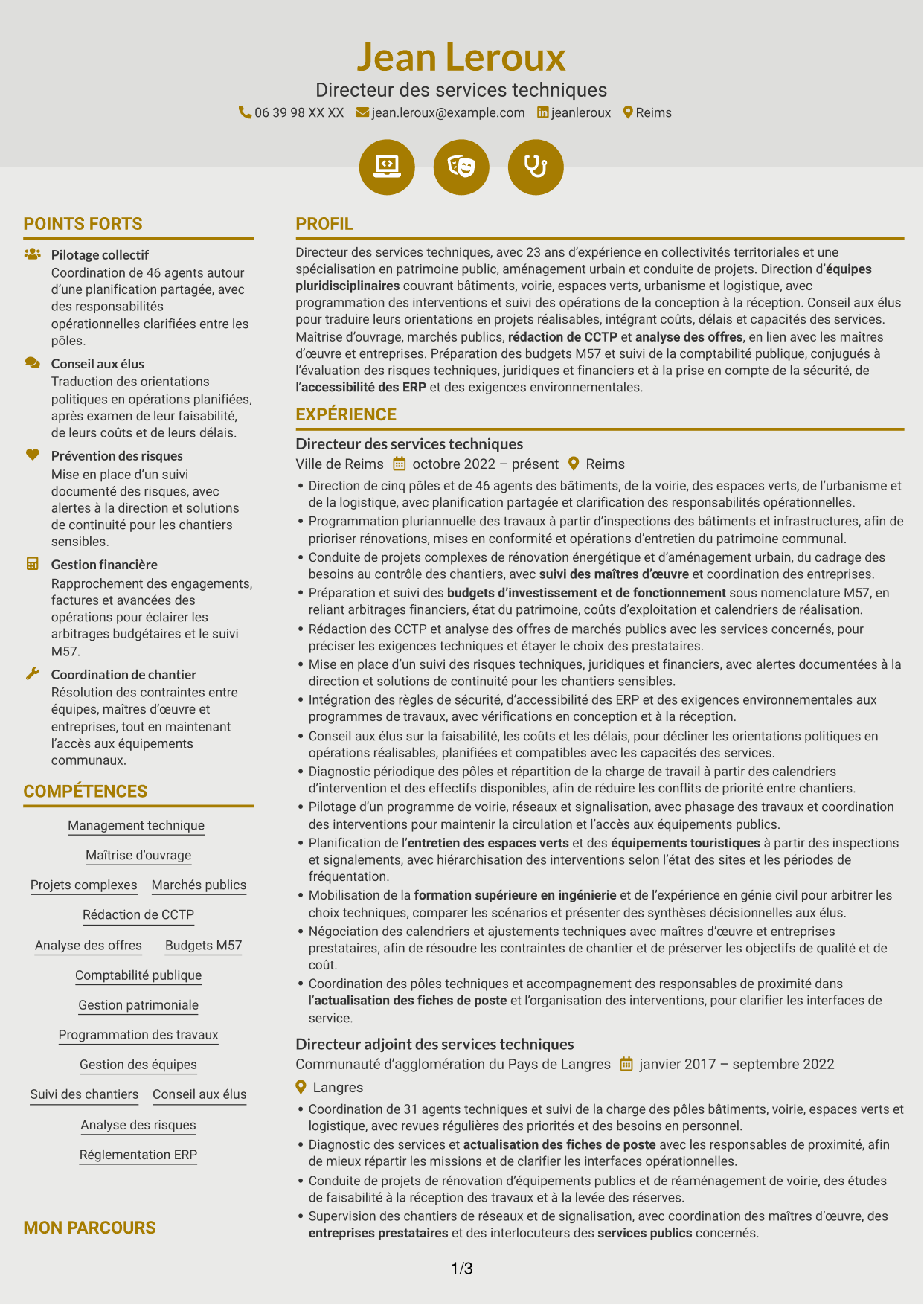 CV Dynamique (format à deux colonnes avec icônes) : Directeur des services techniques - Patrimoine et aménagement public, page 1
