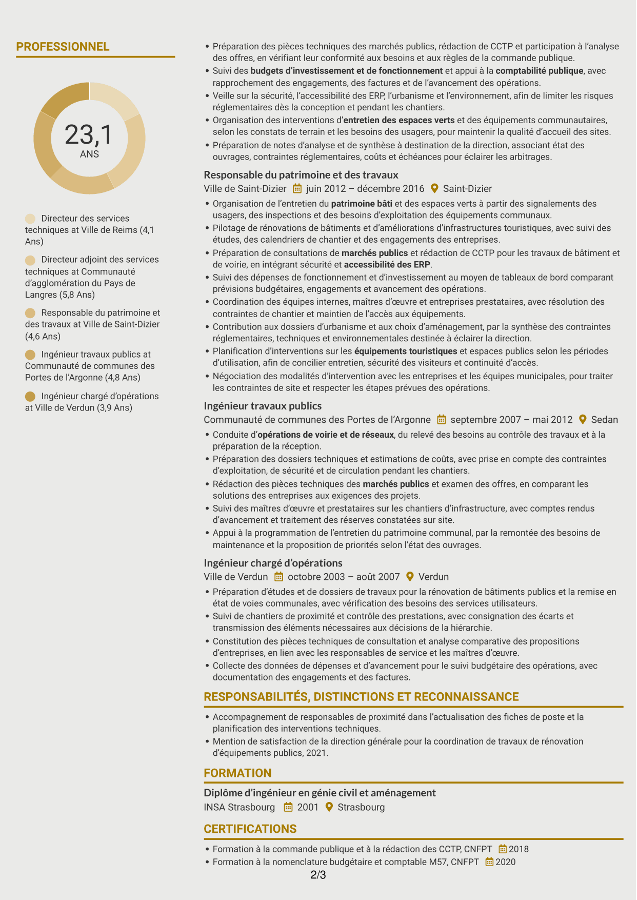 CV Dynamique (format à deux colonnes avec icônes) : Directeur des services techniques - Patrimoine et aménagement public, page 2