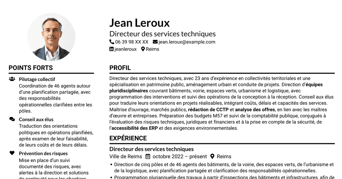 7 modèles de CV pour Directeur des services techniques - Patrimoine et aménagement public, avec exemples