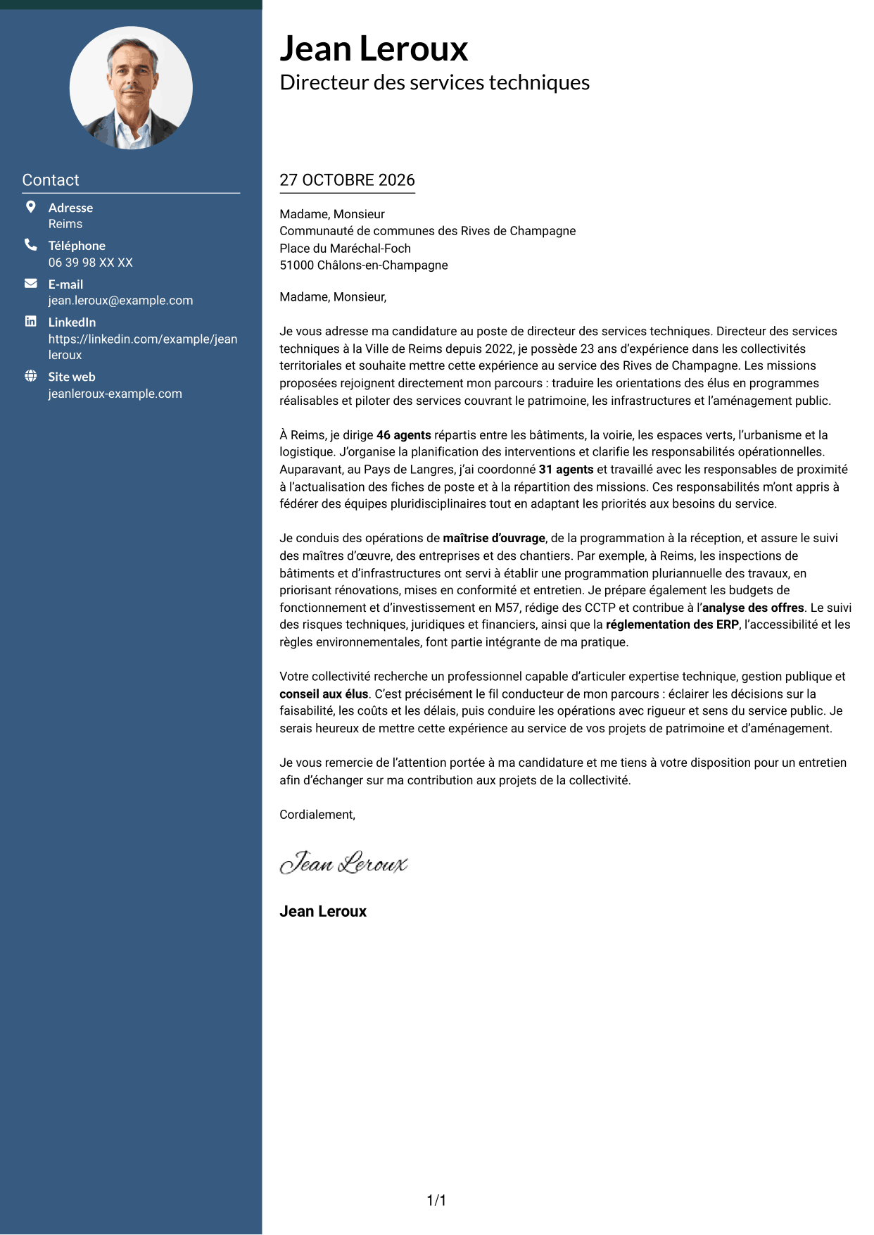 Lettre de motivation Élégant (format à colonne latérale colorée avec photo) : Directeur des services techniques - Patrimoine et aménagement public, page 1