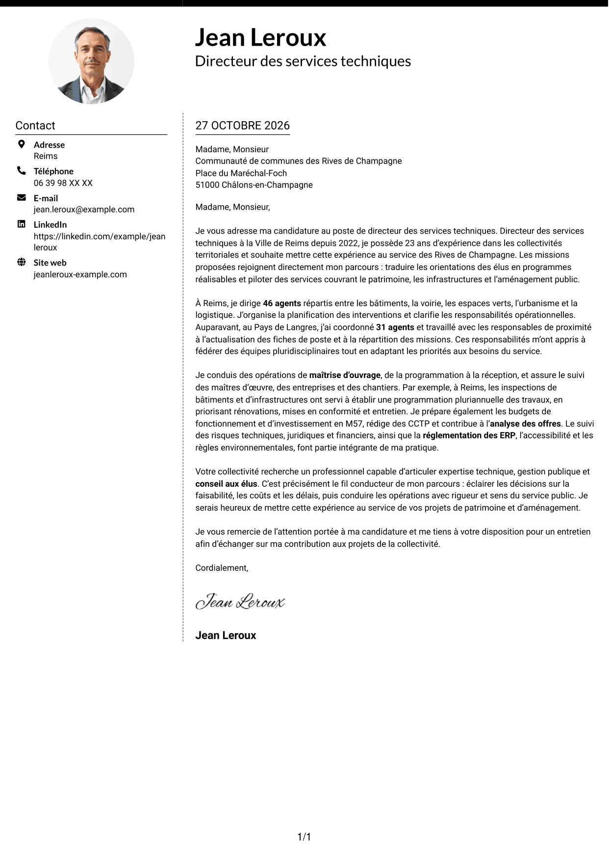 Lettre de motivation Moderne (format à deux colonnes avec photo à gauche et séparateur) : Directeur des services techniques - Patrimoine et aménagement public, page 1