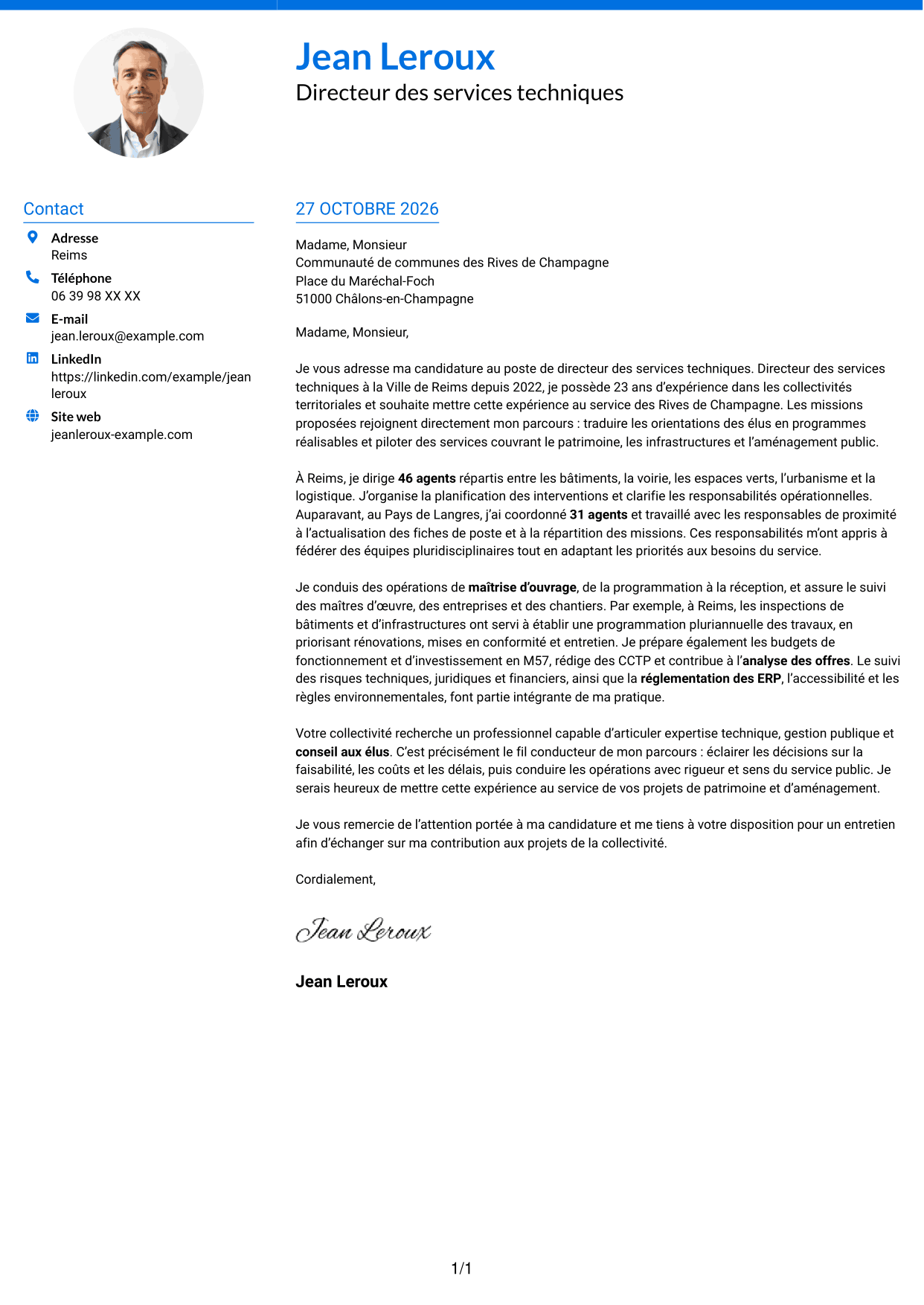 Lettre de motivation Audacieux (format à deux colonnes avec accents colorés et photo) : Directeur des services techniques - Patrimoine et aménagement public, page 1