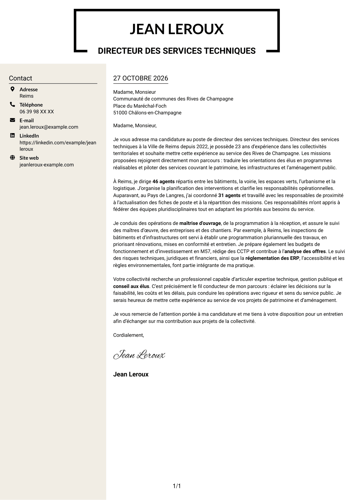 Lettre de motivation Fonceur (format à deux colonnes avec en-tête centré sans photo) : Directeur des services techniques - Patrimoine et aménagement public, page 1