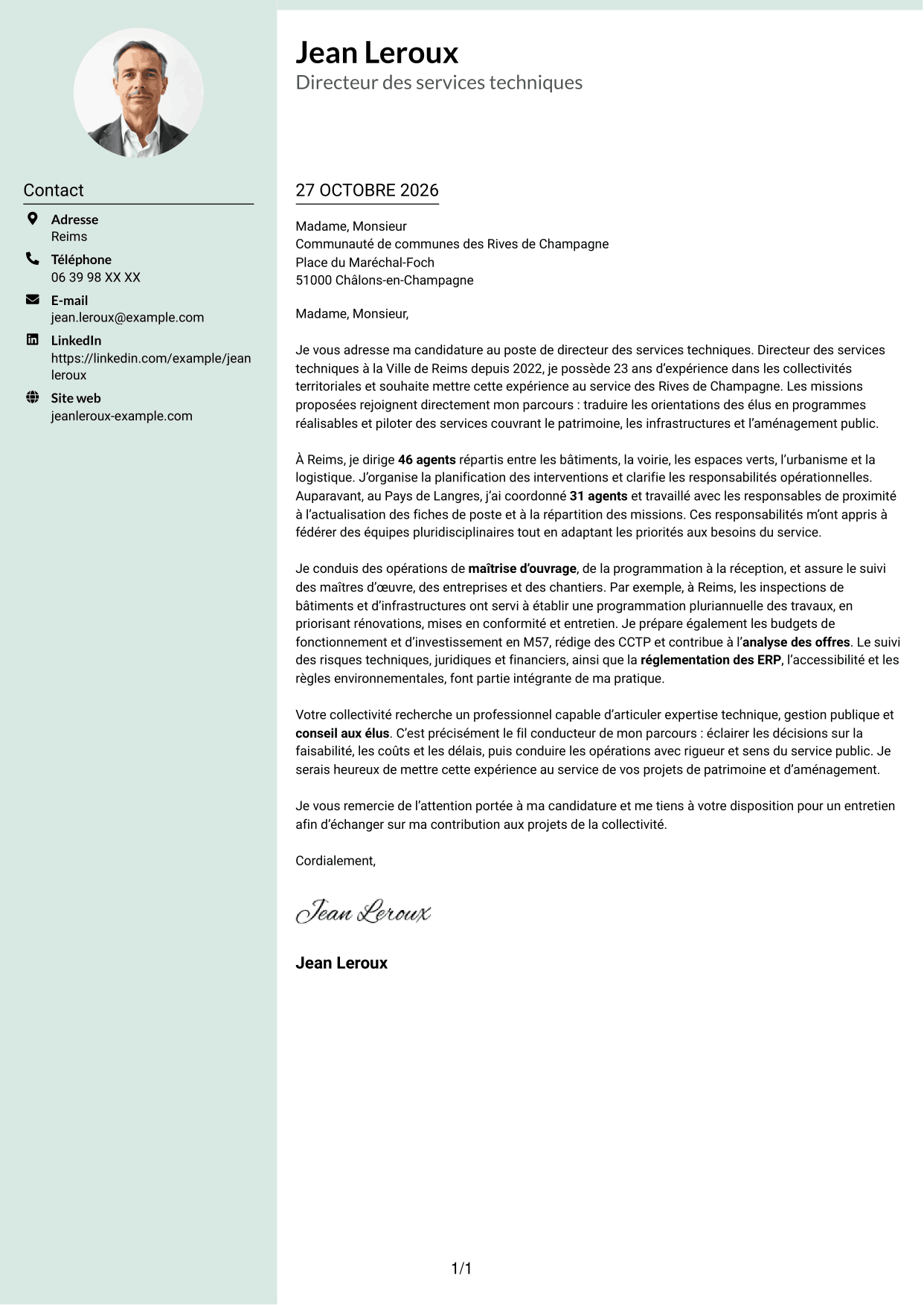 Lettre de motivation Cadre (format à colonne latérale douce avec photo arrondie) : Directeur des services techniques - Patrimoine et aménagement public, page 1