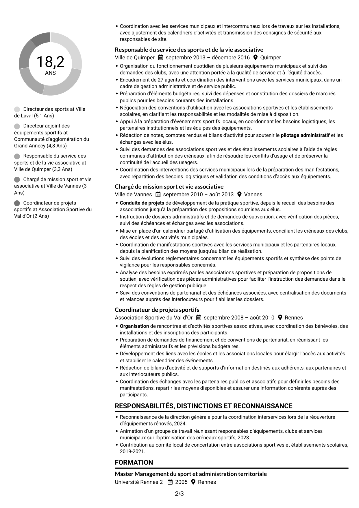 CV Compact (format sobre à deux colonnes avec photo) : Directeur des sports - Politiques sportives municipales, page 2