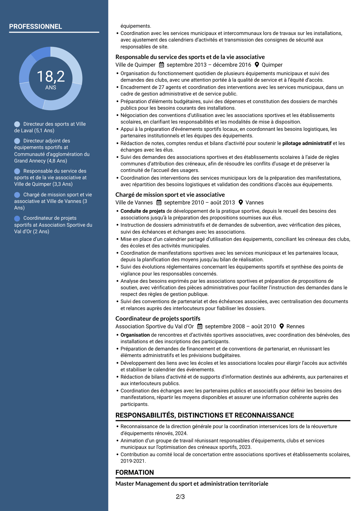 CV Élégant (format à colonne latérale colorée avec photo) : Directeur des sports - Politiques sportives municipales, page 2