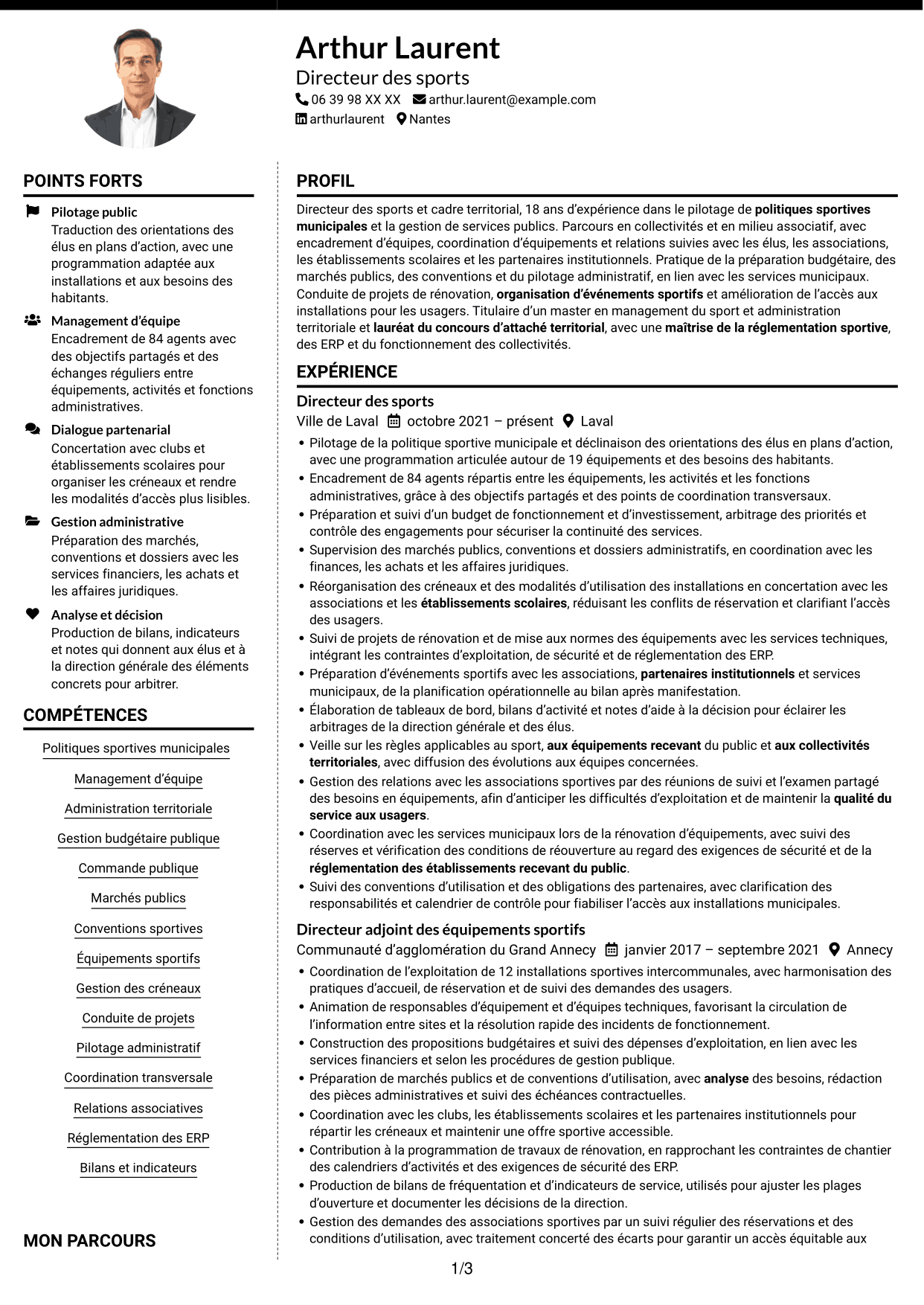 CV Moderne (format à deux colonnes avec photo à gauche et séparateur) : Directeur des sports - Politiques sportives municipales, page 1