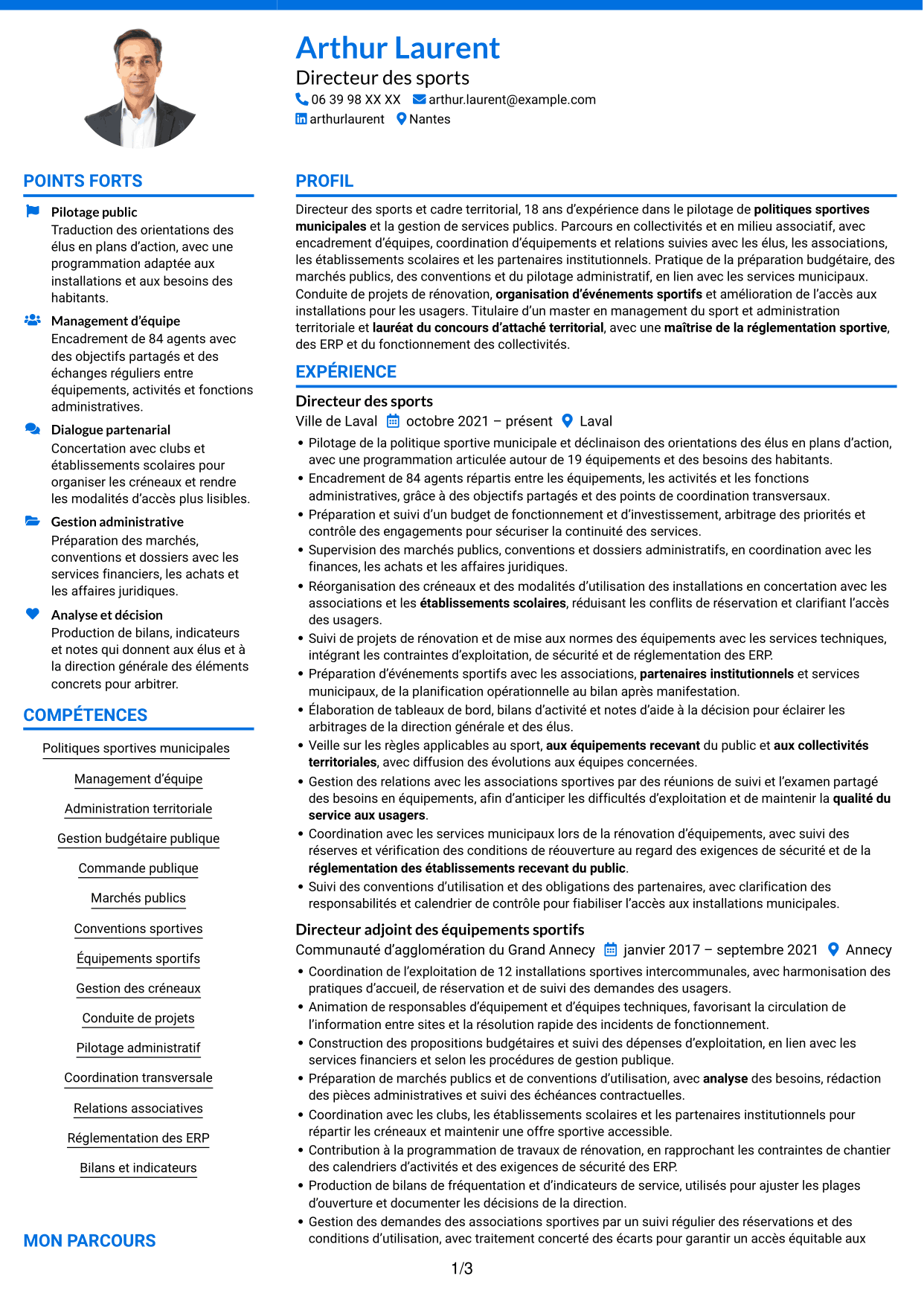 CV Audacieux (format à deux colonnes avec accents colorés et photo) : Directeur des sports - Politiques sportives municipales, page 1