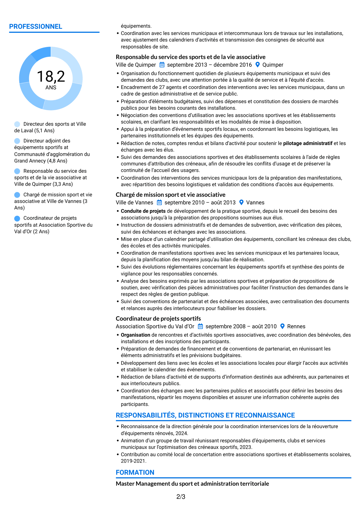 CV Audacieux (format à deux colonnes avec accents colorés et photo) : Directeur des sports - Politiques sportives municipales, page 2