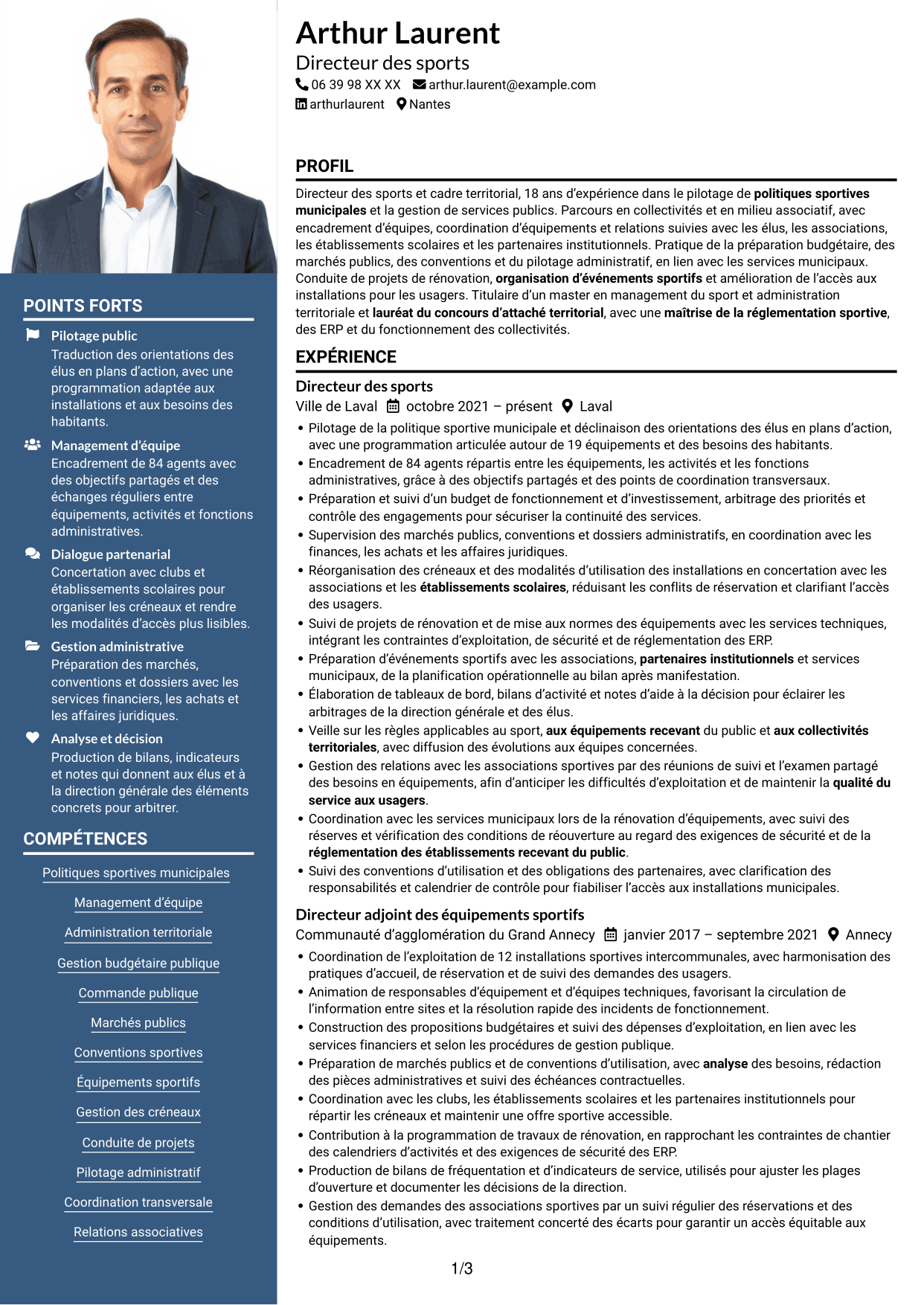 CV Signature (format à colonne latérale colorée avec grande photo) : Directeur des sports - Politiques sportives municipales, page 1