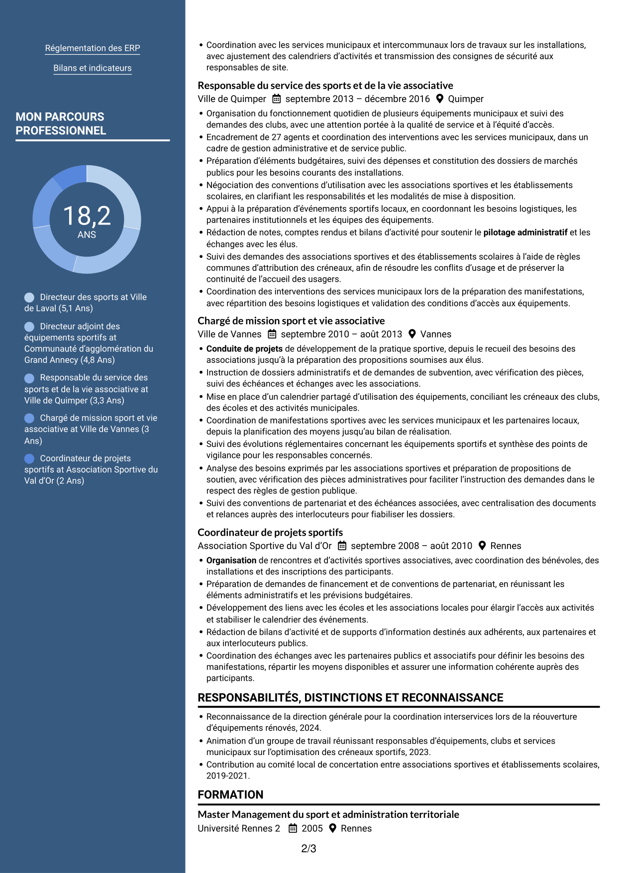 CV Signature (format à colonne latérale colorée avec grande photo) : Directeur des sports - Politiques sportives municipales, page 2