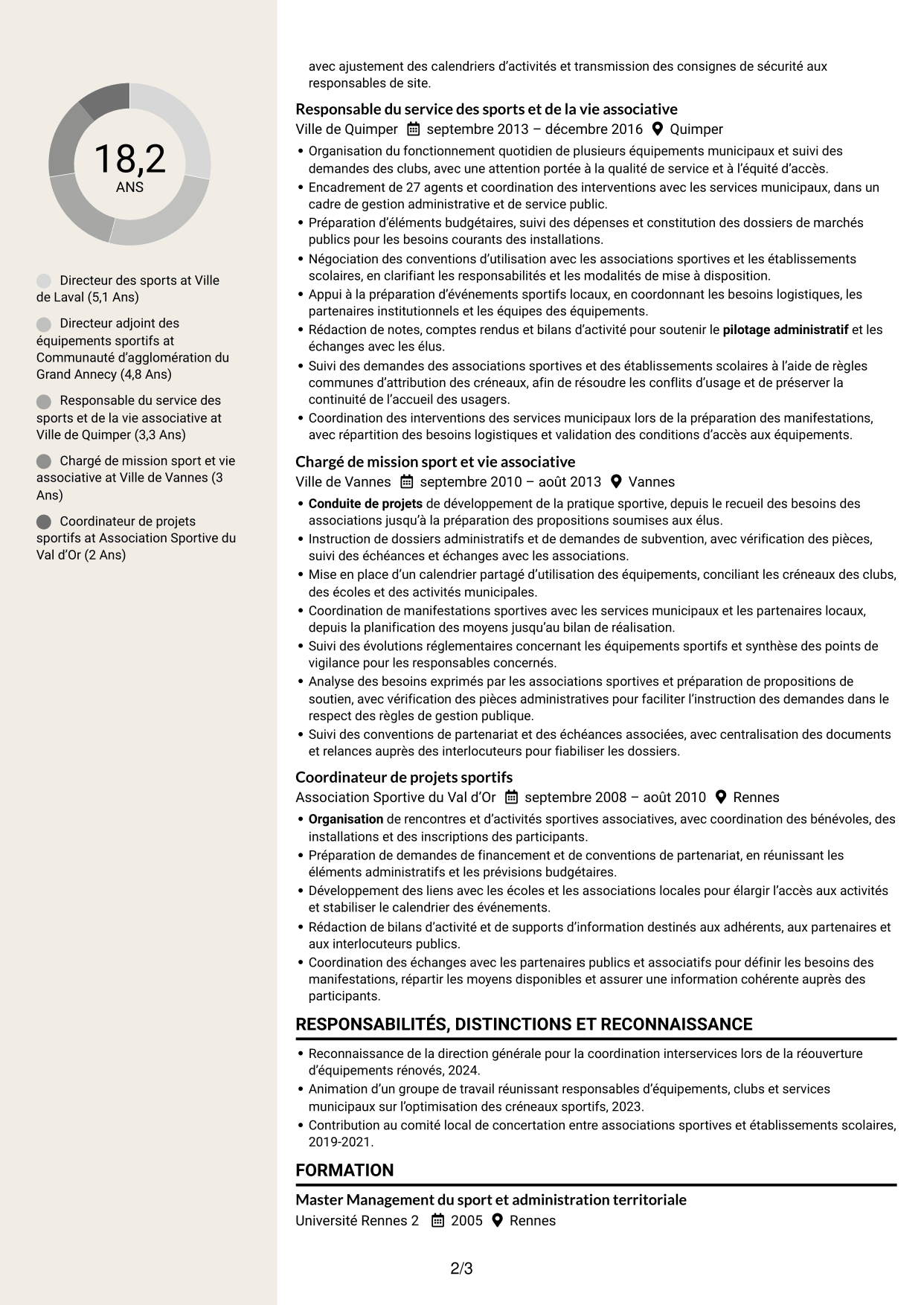 CV Fonceur (format à deux colonnes avec en-tête centré sans photo) : Directeur des sports - Politiques sportives municipales, page 2
