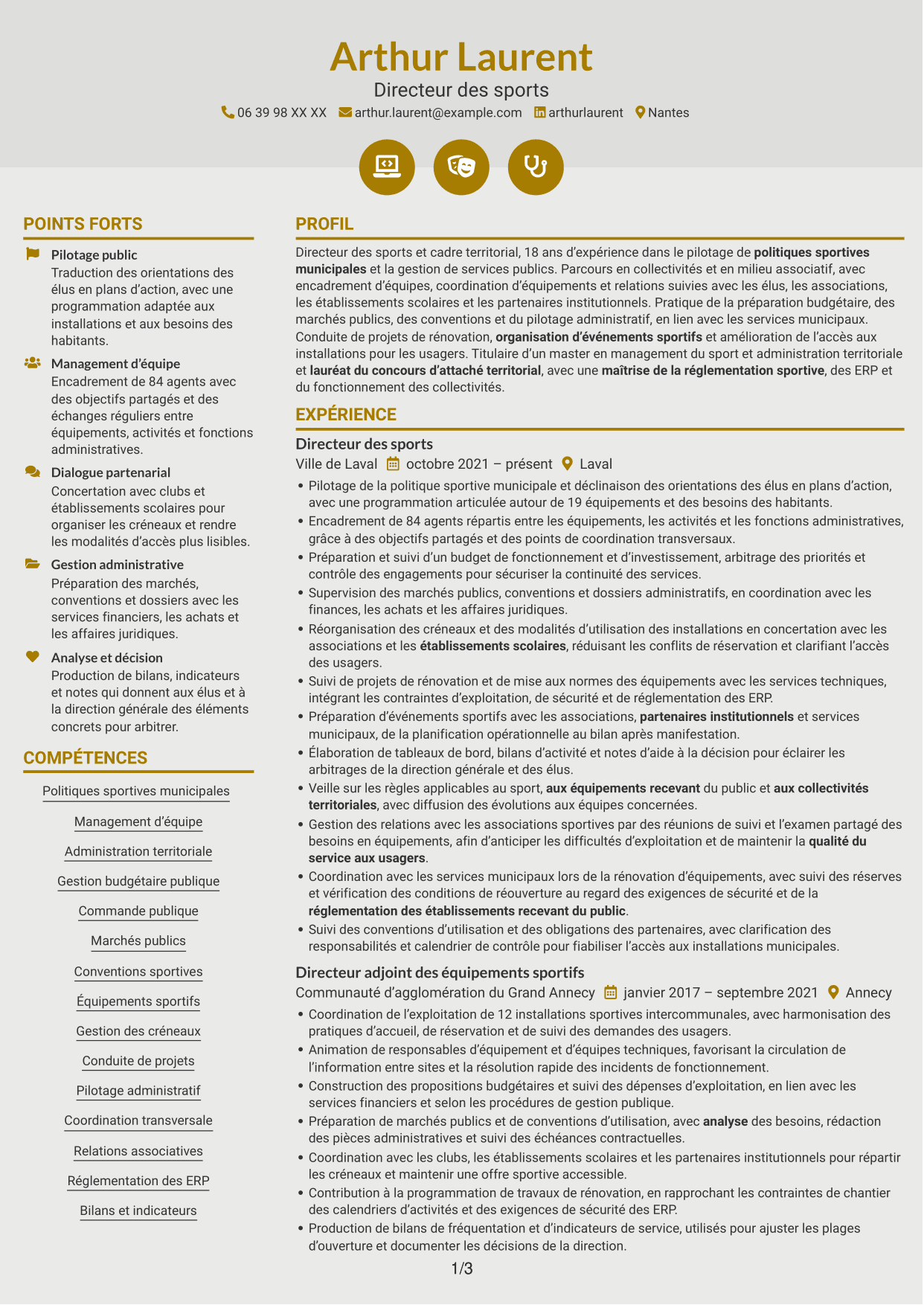 CV Dynamique (format à deux colonnes avec icônes) : Directeur des sports - Politiques sportives municipales, page 1