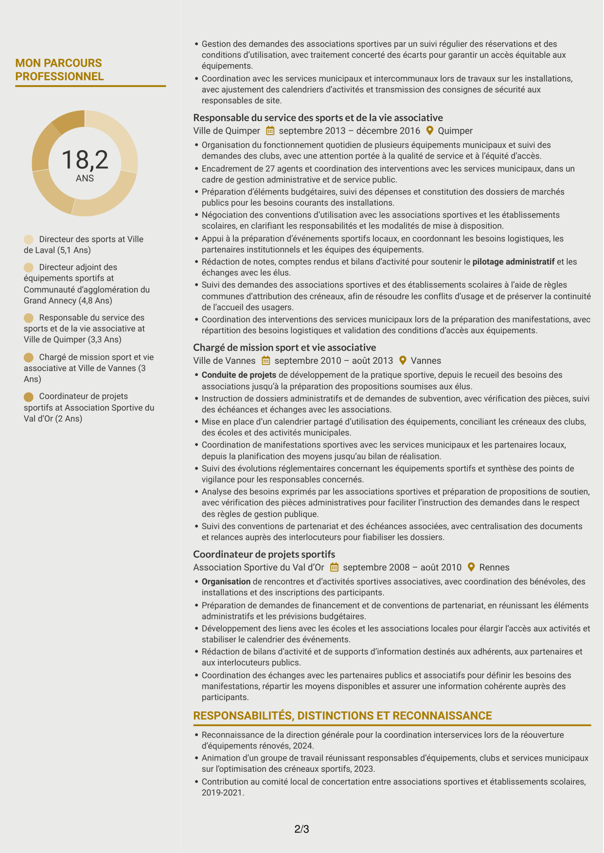 CV Dynamique (format à deux colonnes avec icônes) : Directeur des sports - Politiques sportives municipales, page 2