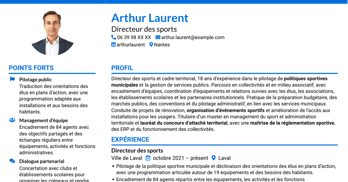 7 modèles de CV pour Directeur des sports - Politiques sportives municipales, avec exemples