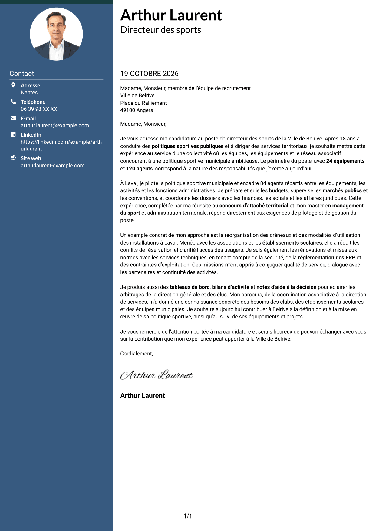 Lettre de motivation Élégant (format à colonne latérale colorée avec photo) : Directeur des sports - Politiques sportives municipales, page 1