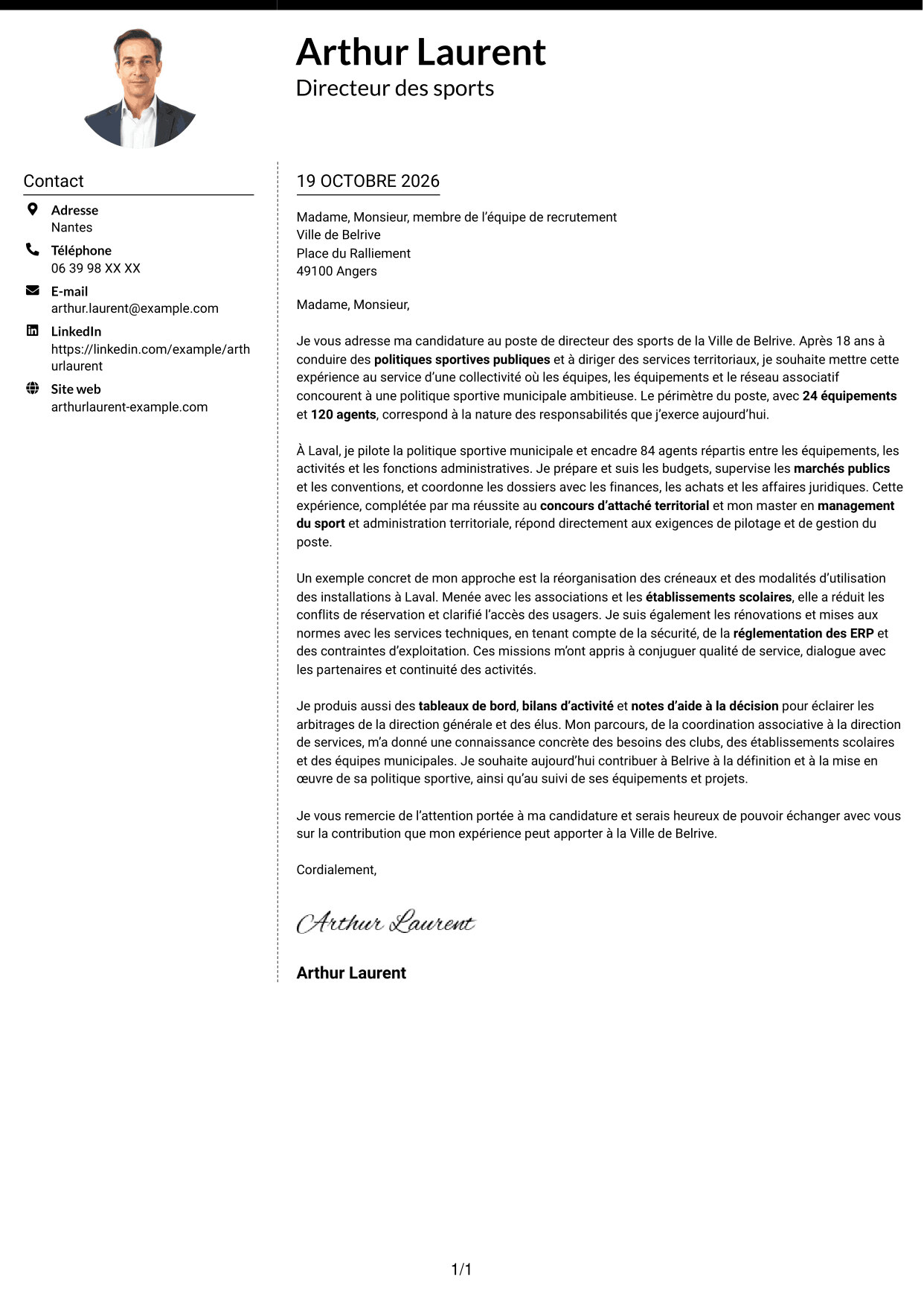 Lettre de motivation Moderne (format à deux colonnes avec photo à gauche et séparateur) : Directeur des sports - Politiques sportives municipales, page 1