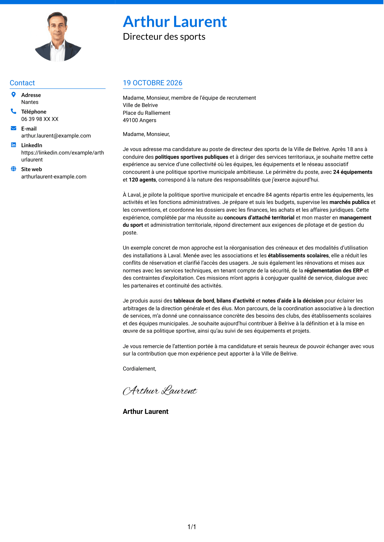 Lettre de motivation Audacieux (format à deux colonnes avec accents colorés et photo) : Directeur des sports - Politiques sportives municipales, page 1