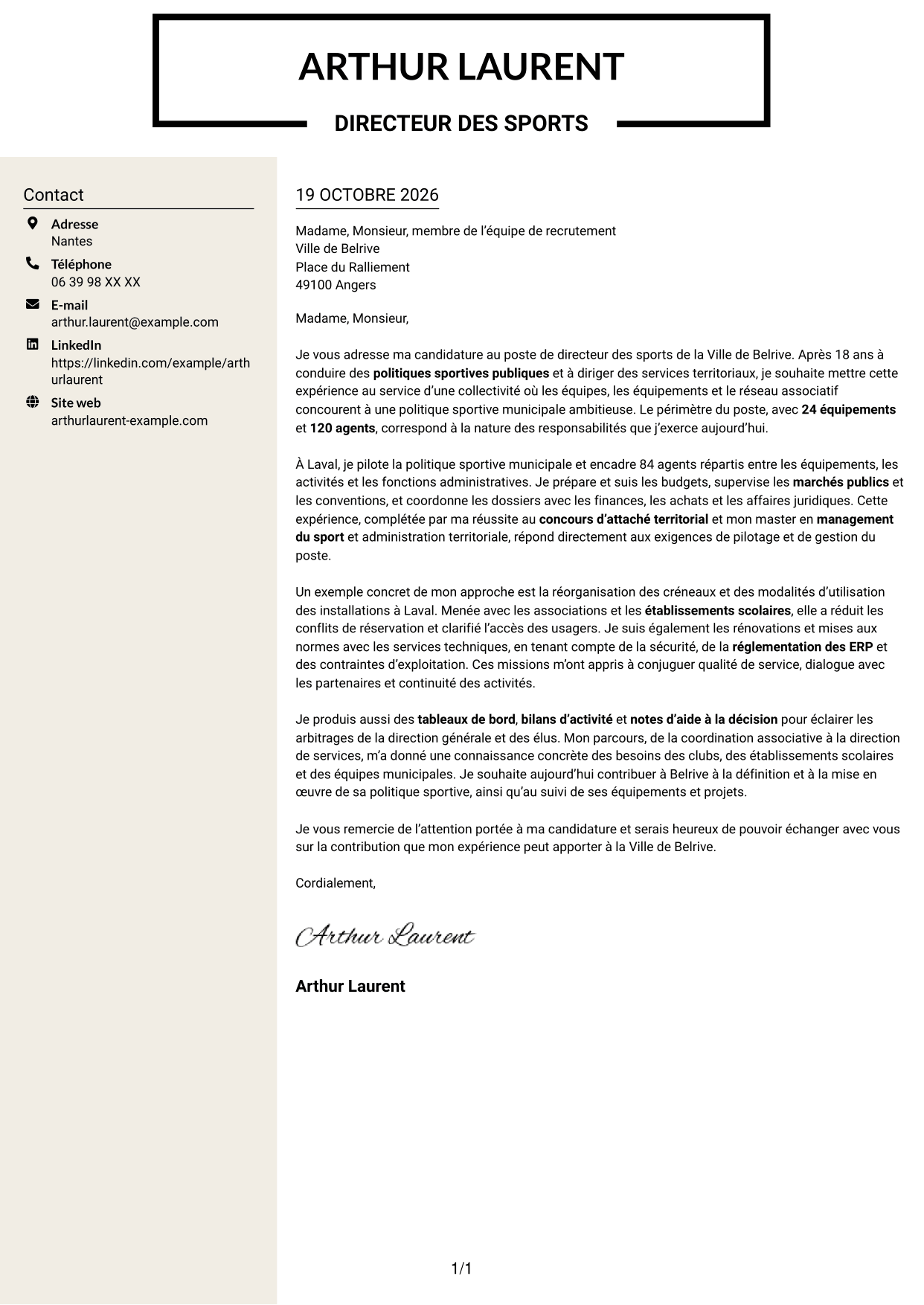 Lettre de motivation Fonceur (format à deux colonnes avec en-tête centré sans photo) : Directeur des sports - Politiques sportives municipales, page 1
