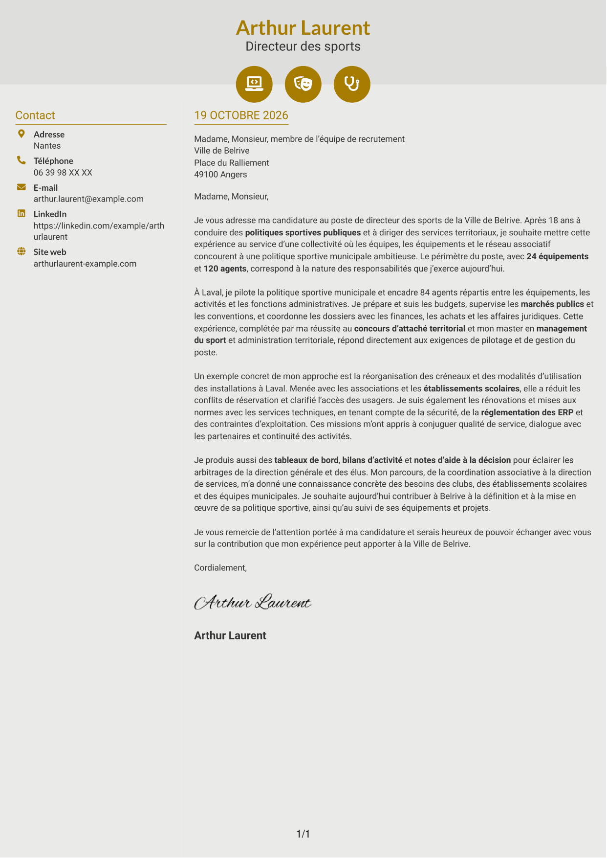 Lettre de motivation Dynamique (format à deux colonnes avec icônes) : Directeur des sports - Politiques sportives municipales, page 1