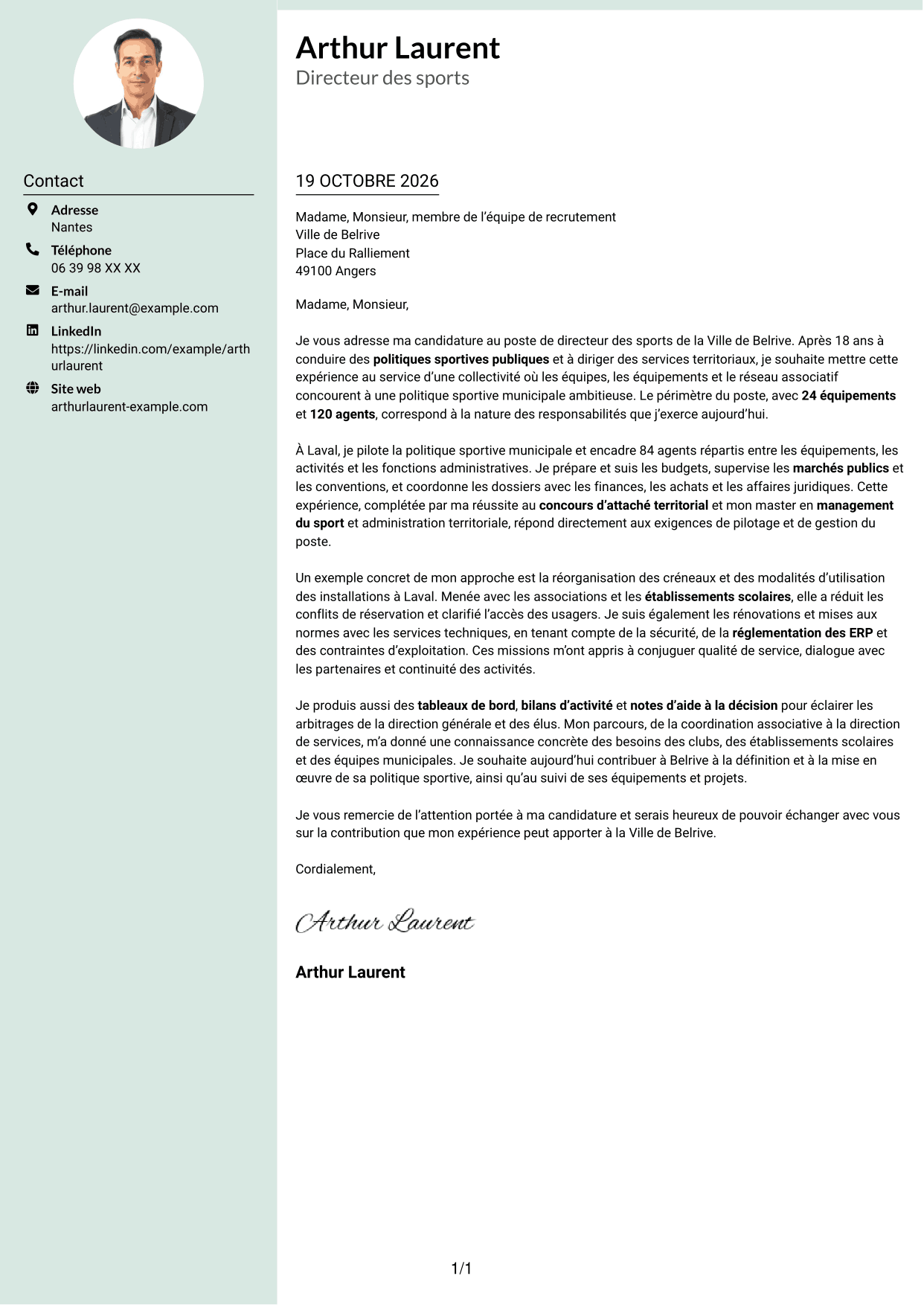 Lettre de motivation Cadre (format à colonne latérale douce avec photo arrondie) : Directeur des sports - Politiques sportives municipales, page 1