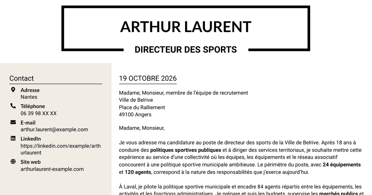 7 modèles de lettre de motivation pour Directeur des sports - Politiques sportives municipales, avec exemples
